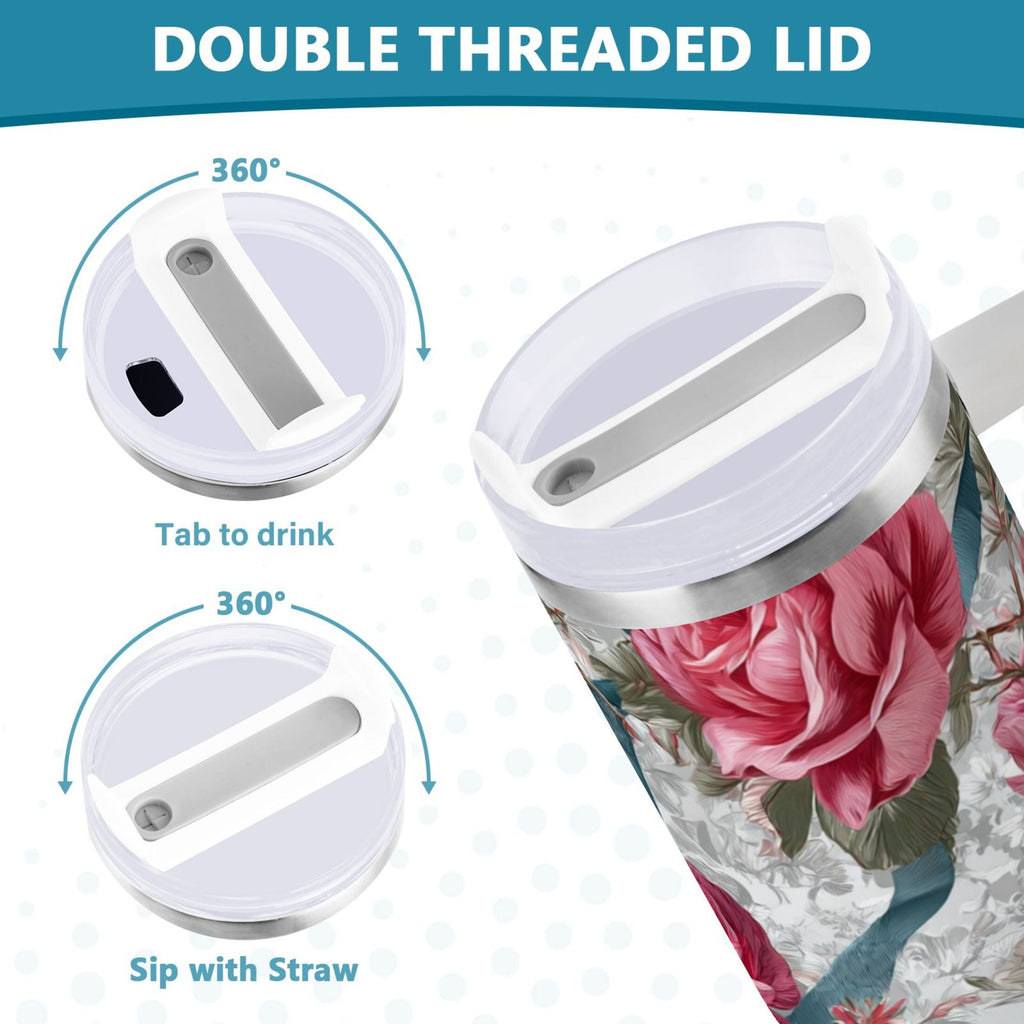 30 oz Insulated Stainless Steel Tumbler Double Wall Stainless Steel Tumbler with 2-Way Drinking Roses and Ribbons