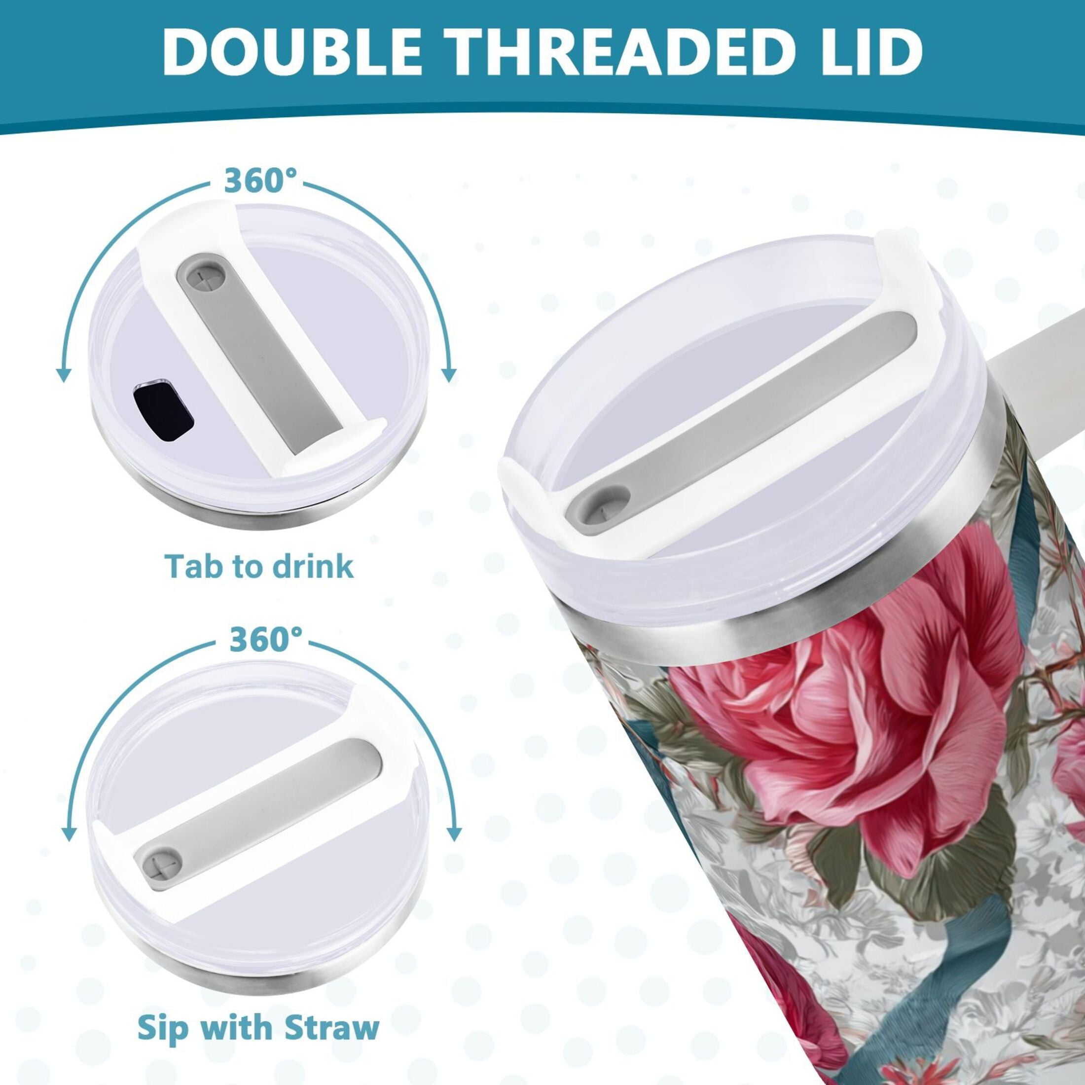 30 oz Insulated Stainless Steel Tumbler Double Wall Stainless Steel Tumbler with 2-Way Drinking Roses and Ribbons