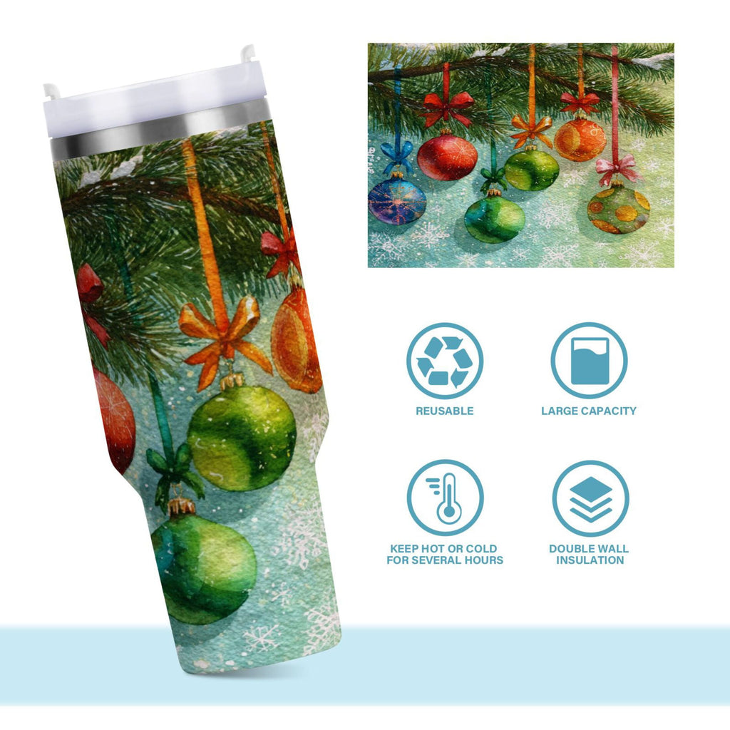 30 oz Insulated Stainless Steel Tumbler Double Wall Stainless Steel Tumbler with 2-Way Drinking Christmas Ornaments Watercolor Painting