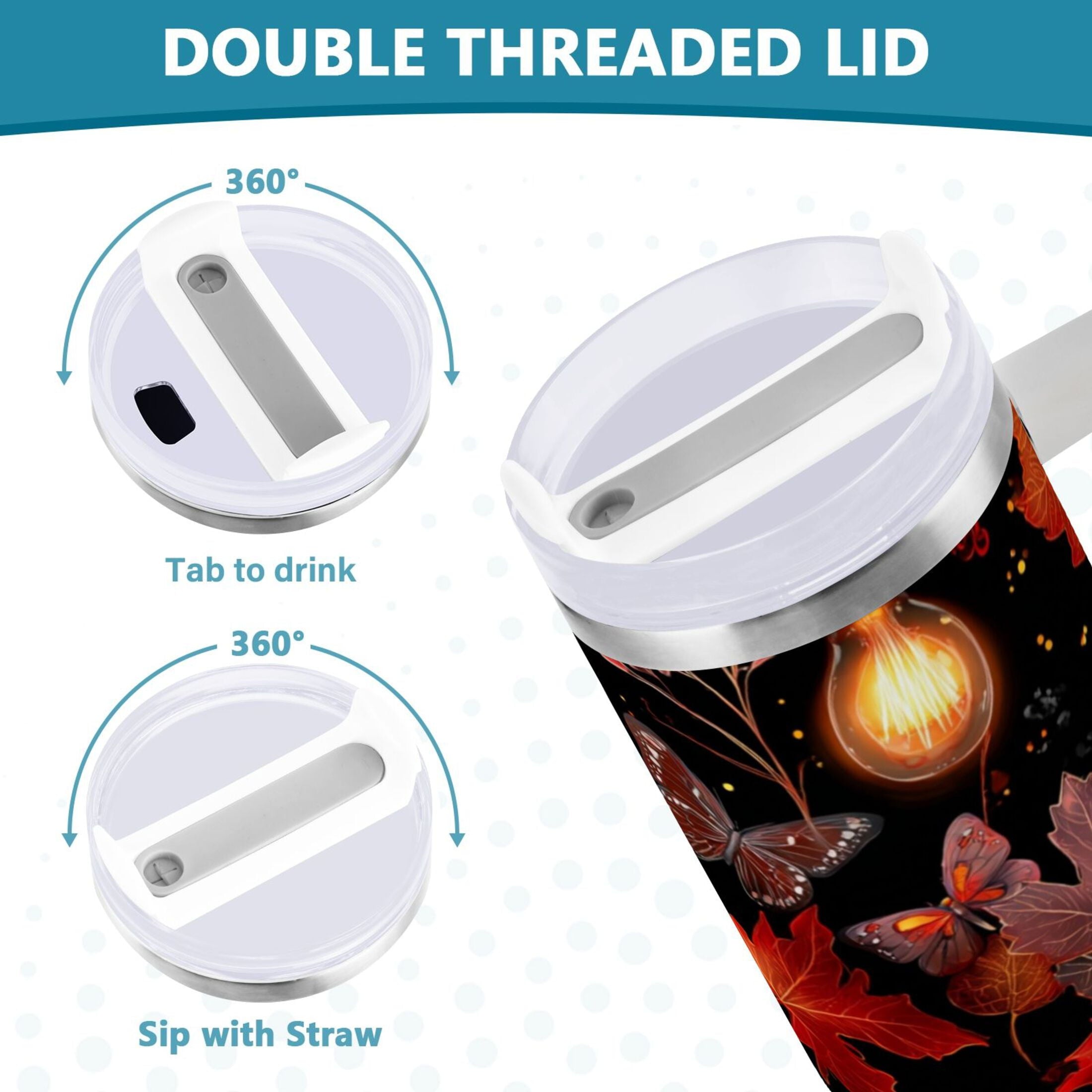 40 oz Insulated Stainless Steel Tumbler Double Wall Stainless Steel Tumbler with 2-Way Drinking Light Bulbs and Maple Leaves
