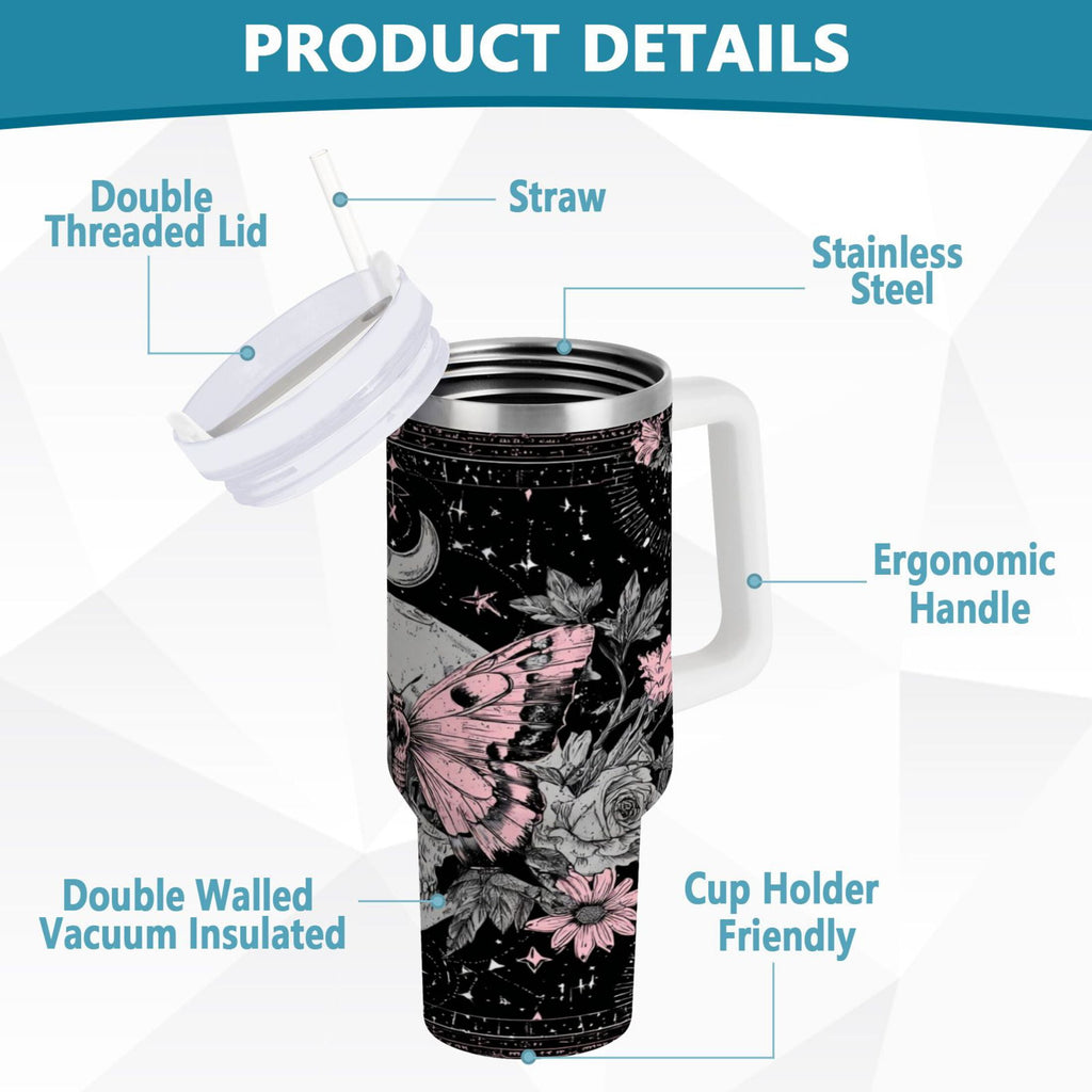 30 oz Insulated Stainless Steel Tumbler Double Wall Stainless Steel Tumbler with 2-Way Drinking Butterfly by Moon and Flowers