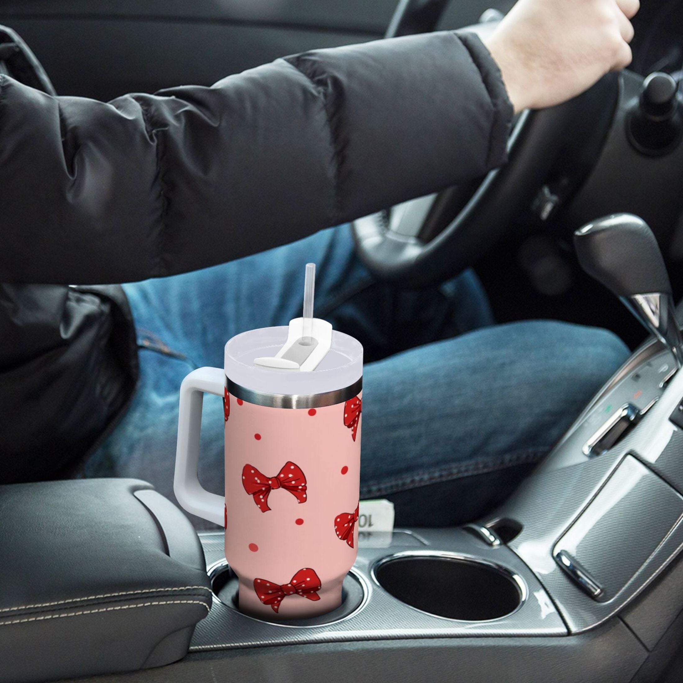 40 oz Insulated Stainless Steel Tumbler Double Wall Stainless Steel Tumbler with 2-Way Drinking Red Bows and Polka Dots