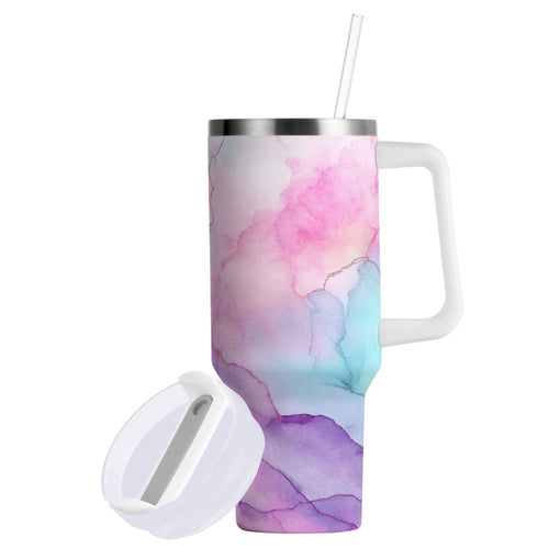 30 oz Insulated Stainless Steel Tumbler Double Wall Stainless Steel Tumbler with 2-Way Drinking Pastel Pink Marble Texture
