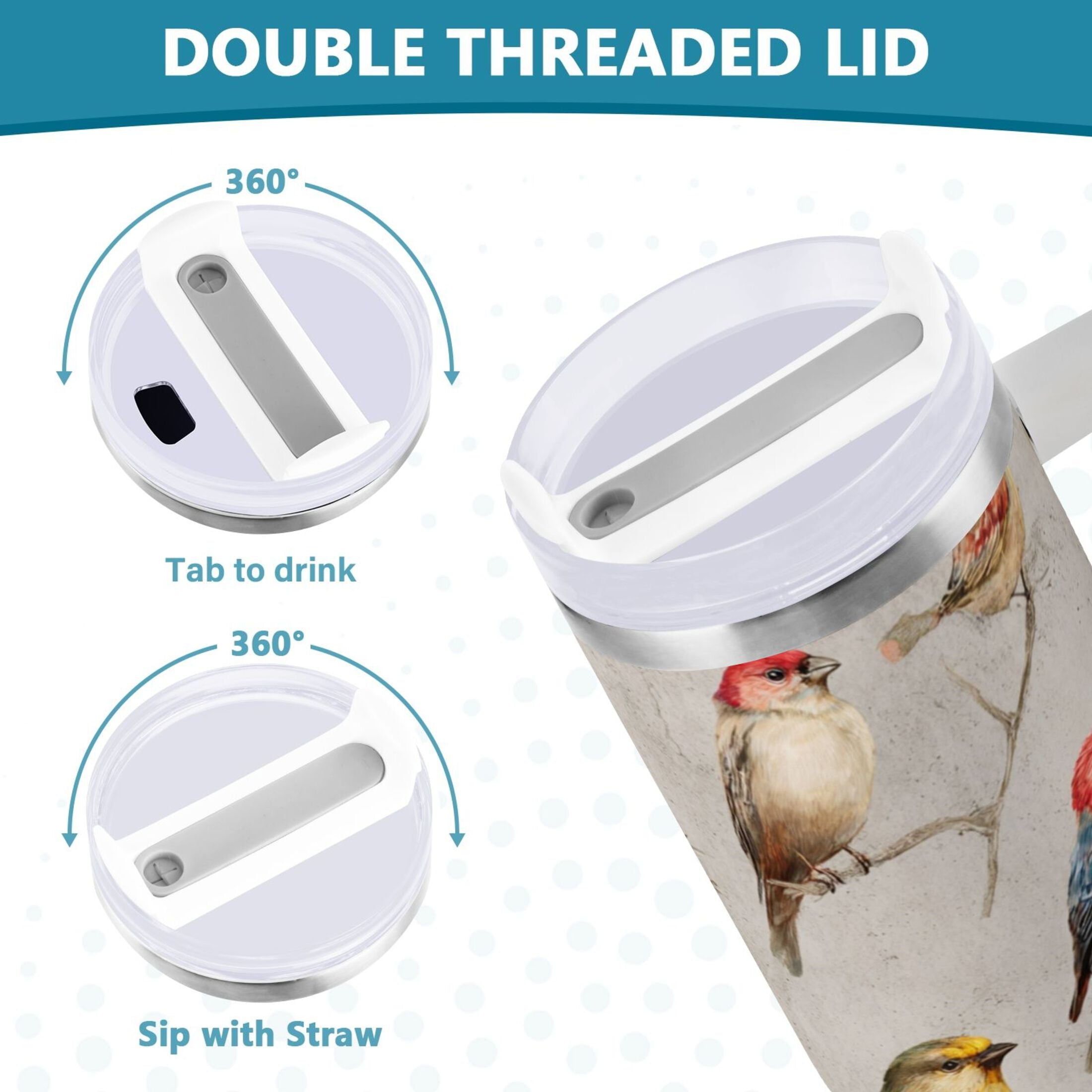 40 oz Insulated Stainless Steel Tumbler Double Wall Stainless Steel Tumbler with 2-Way Drinking Birds Pattern