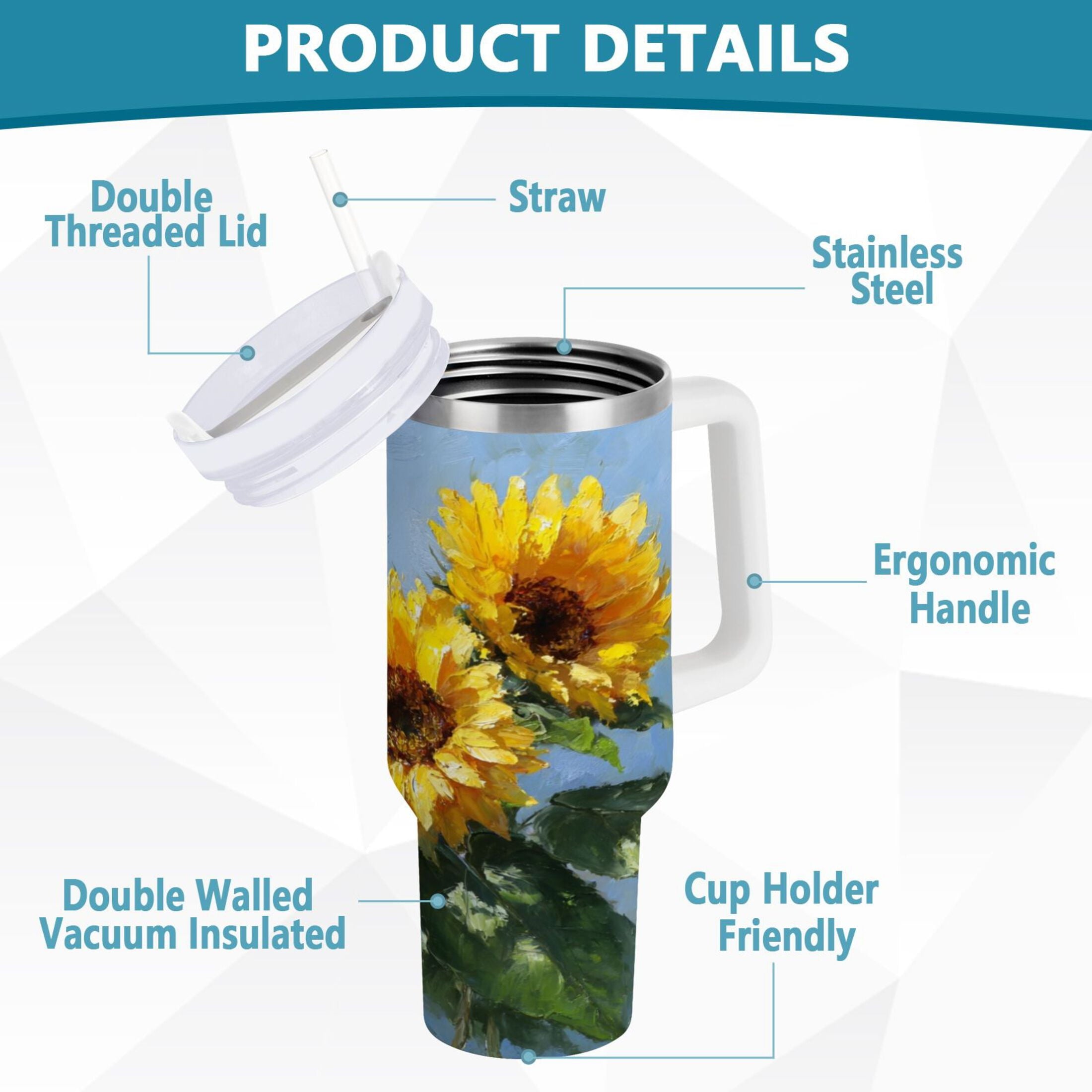 40 oz Insulated Stainless Steel Tumbler Double Wall Stainless Steel Tumbler with 2-Way Drinking Sunflowers Painting