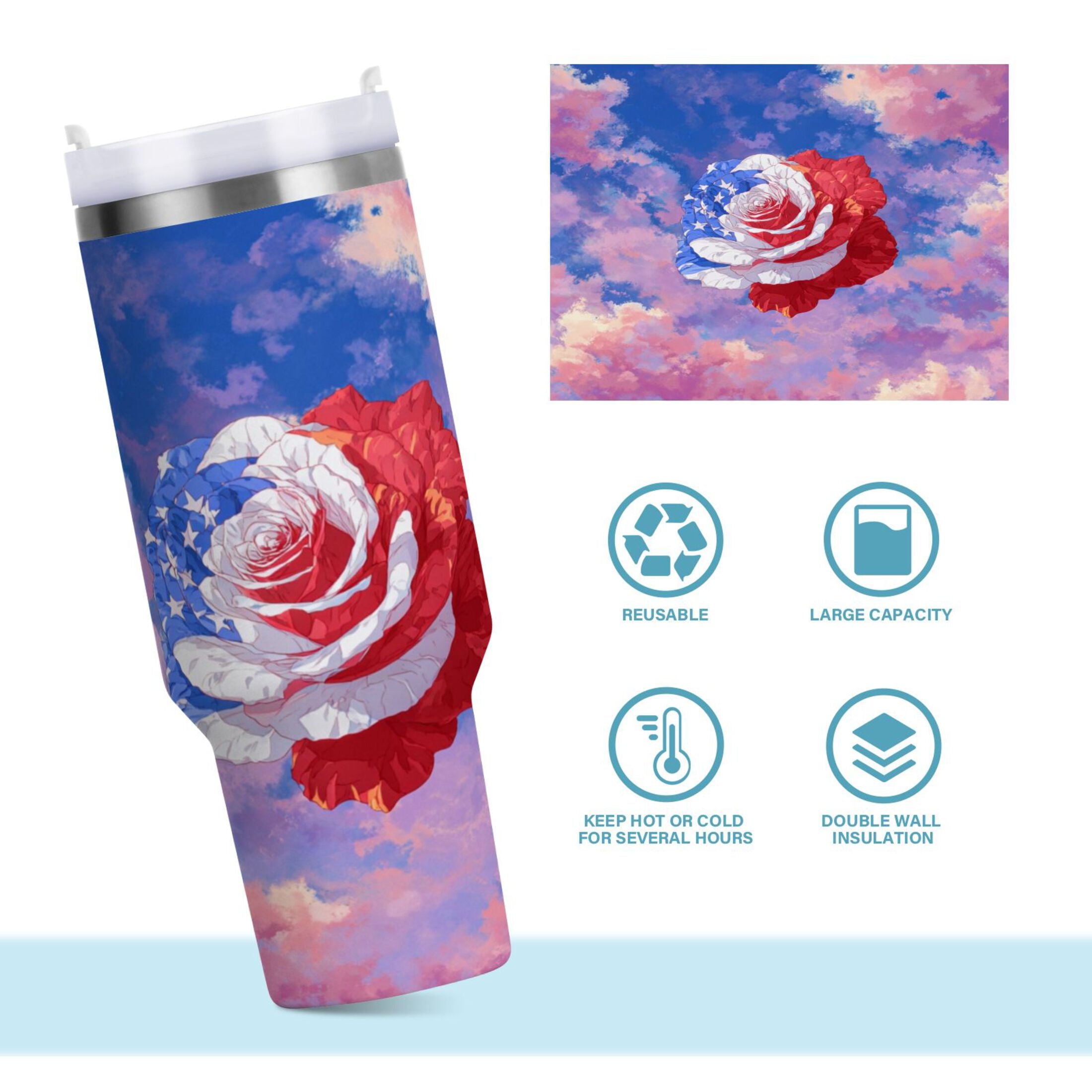 30 oz Insulated Stainless Steel Tumbler Double Wall Stainless Steel Tumbler with 2-Way Drinking Rose with Flag Pattern