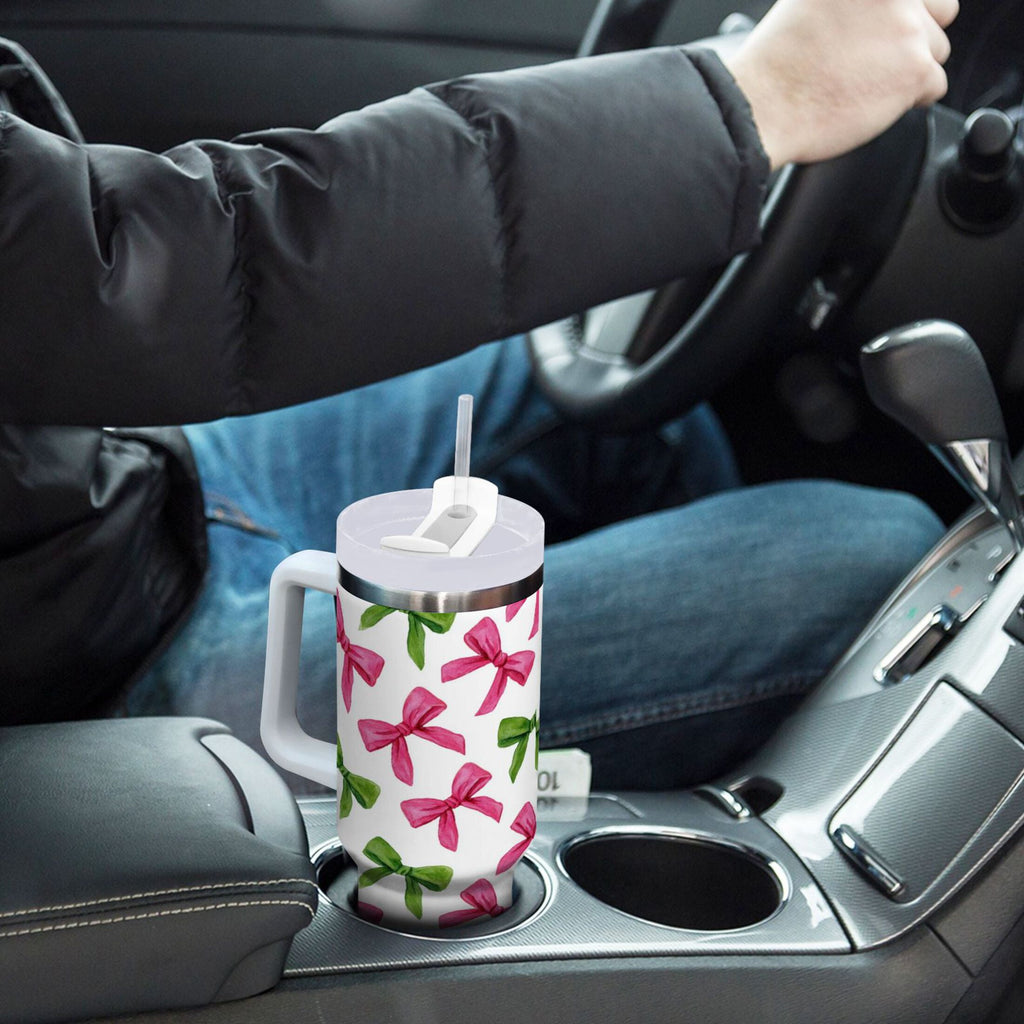 30 oz Insulated Stainless Steel Tumbler Double Wall Stainless Steel Tumbler with 2-Way Drinking Pink Bows and Green Ribbons