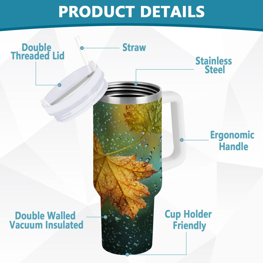 30 oz Insulated Stainless Steel Tumbler Double Wall Stainless Steel Tumbler with 2-Way Drinking Leaves with Water Droplets
