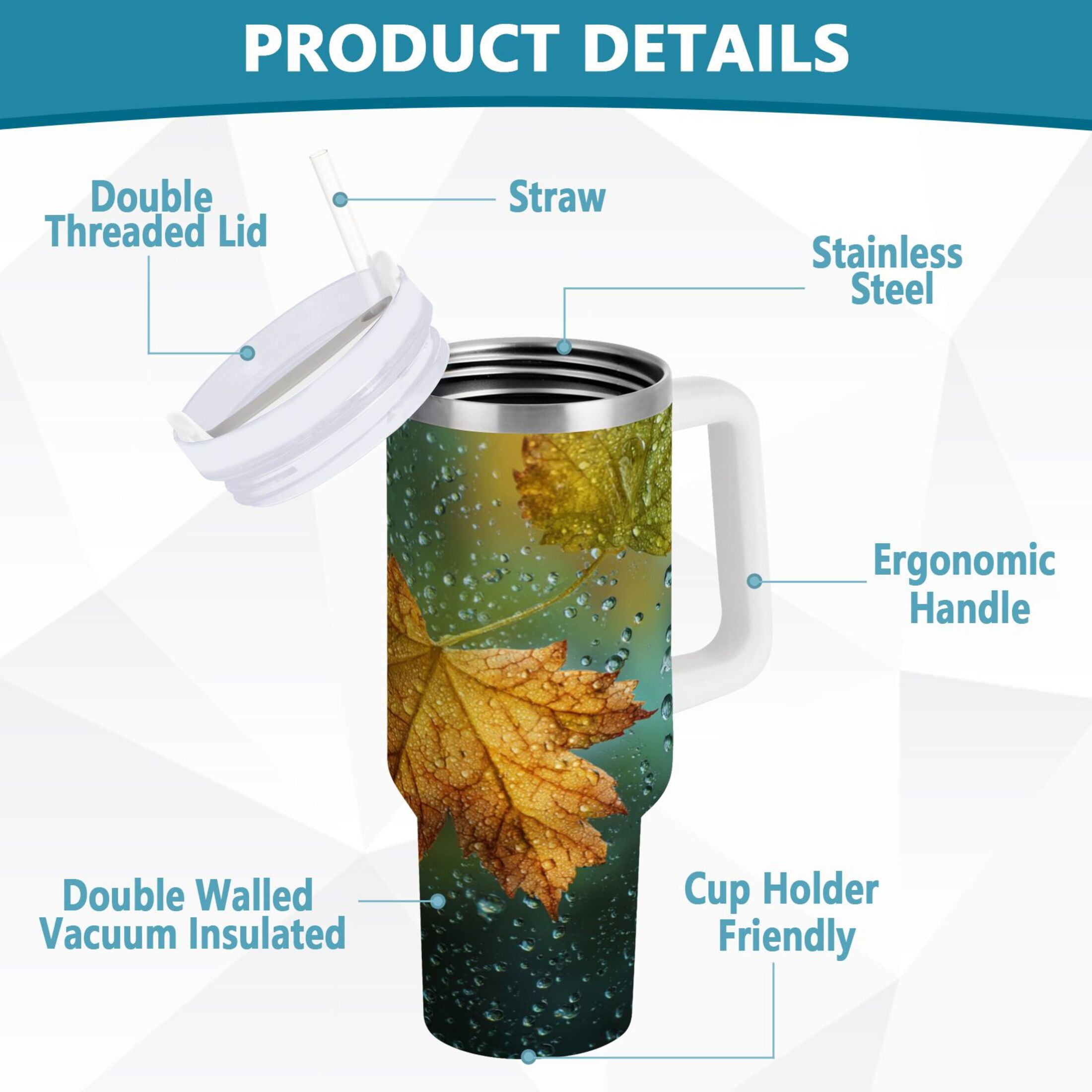 30 oz Insulated Stainless Steel Tumbler Double Wall Stainless Steel Tumbler with 2-Way Drinking Leaves with Water Droplets