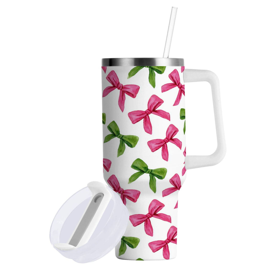 30 oz Insulated Stainless Steel Tumbler Double Wall Stainless Steel Tumbler with 2-Way Drinking Pink Bows and Green Ribbons