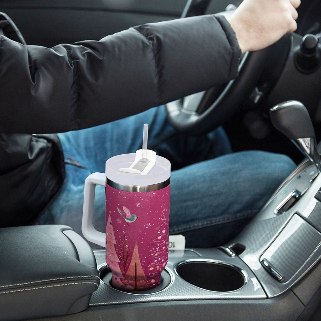 40 oz Insulated Stainless Steel Tumbler Double Wall Stainless Steel Tumbler with 2-Way Drinking Pink Christmas Forest