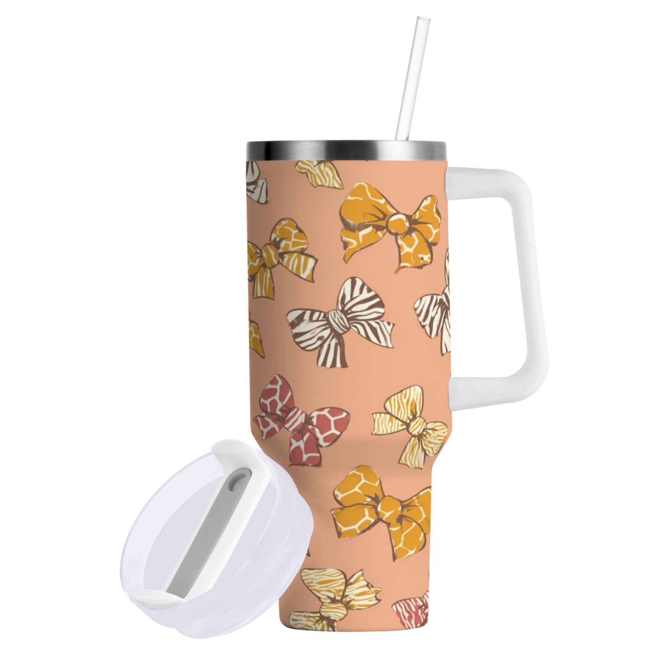 40 oz Insulated Stainless Steel Tumbler Double Wall Stainless Steel Tumbler with 2-Way Drinking Cute Animal Print Bows