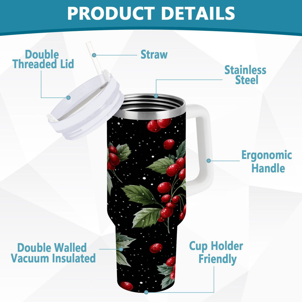 40 oz Insulated Stainless Steel Tumbler Double Wall Stainless Steel Tumbler with 2-Way Drinking Red Holly Berries Pattern