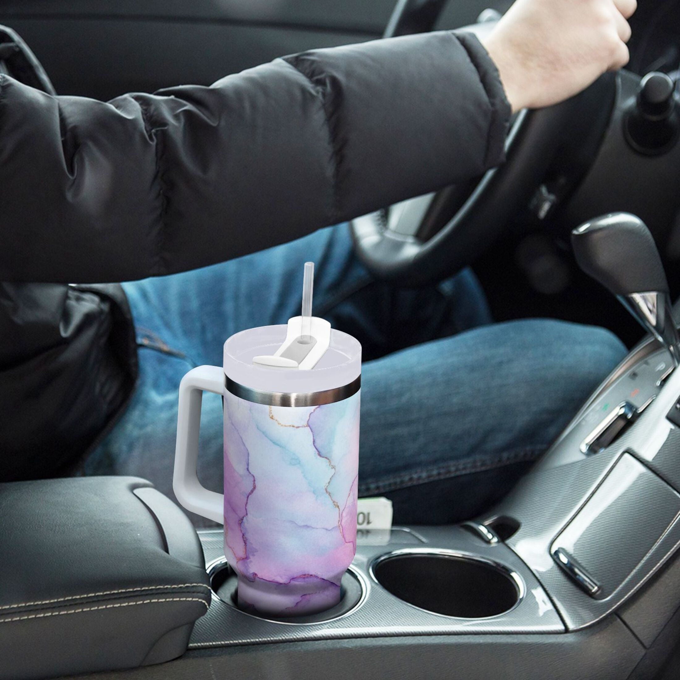 30 oz Insulated Stainless Steel Tumbler Double Wall Stainless Steel Tumbler with 2-Way Drinking Pastel Pink Marble Texture