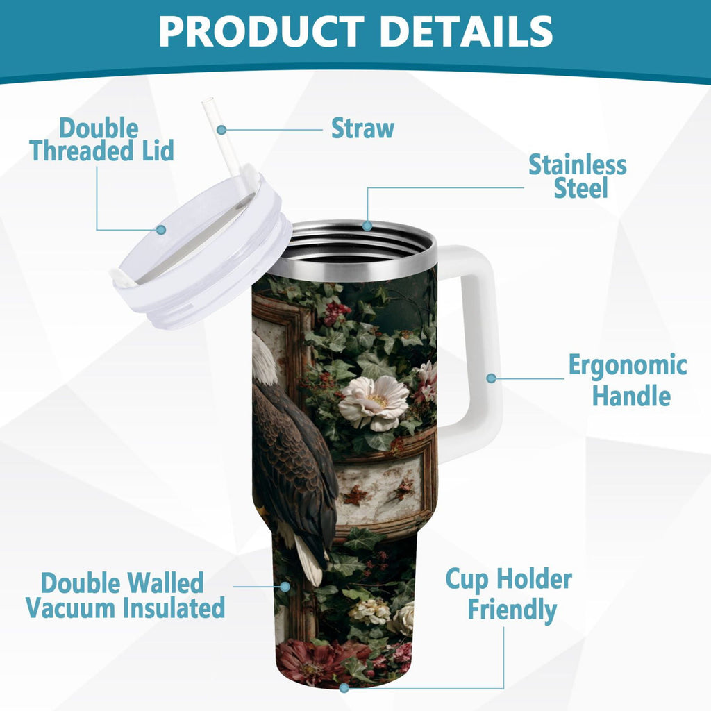 30 oz Insulated Stainless Steel Tumbler Double Wall Stainless Steel Tumbler with 2-Way Drinking Wreath and Bald Eagle