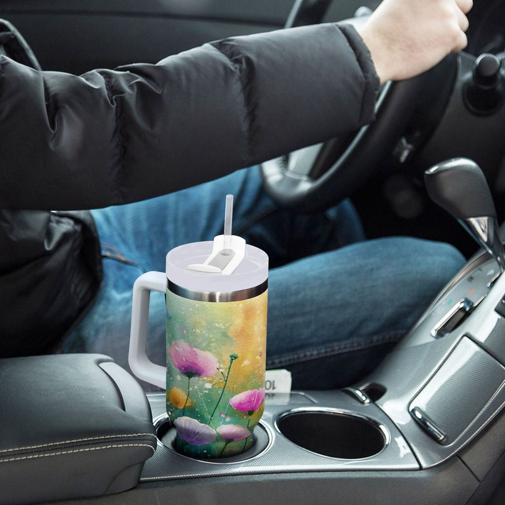 30 oz Insulated Stainless Steel Tumbler Double Wall Stainless Steel Tumbler with 2-Way Drinking Watercolor Wildflowers