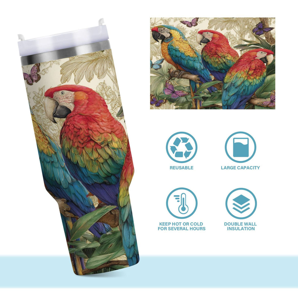 30 oz Insulated Stainless Steel Tumbler Double Wall Stainless Steel Tumbler with 2-Way Drinking Colorful Beautiful Parrots