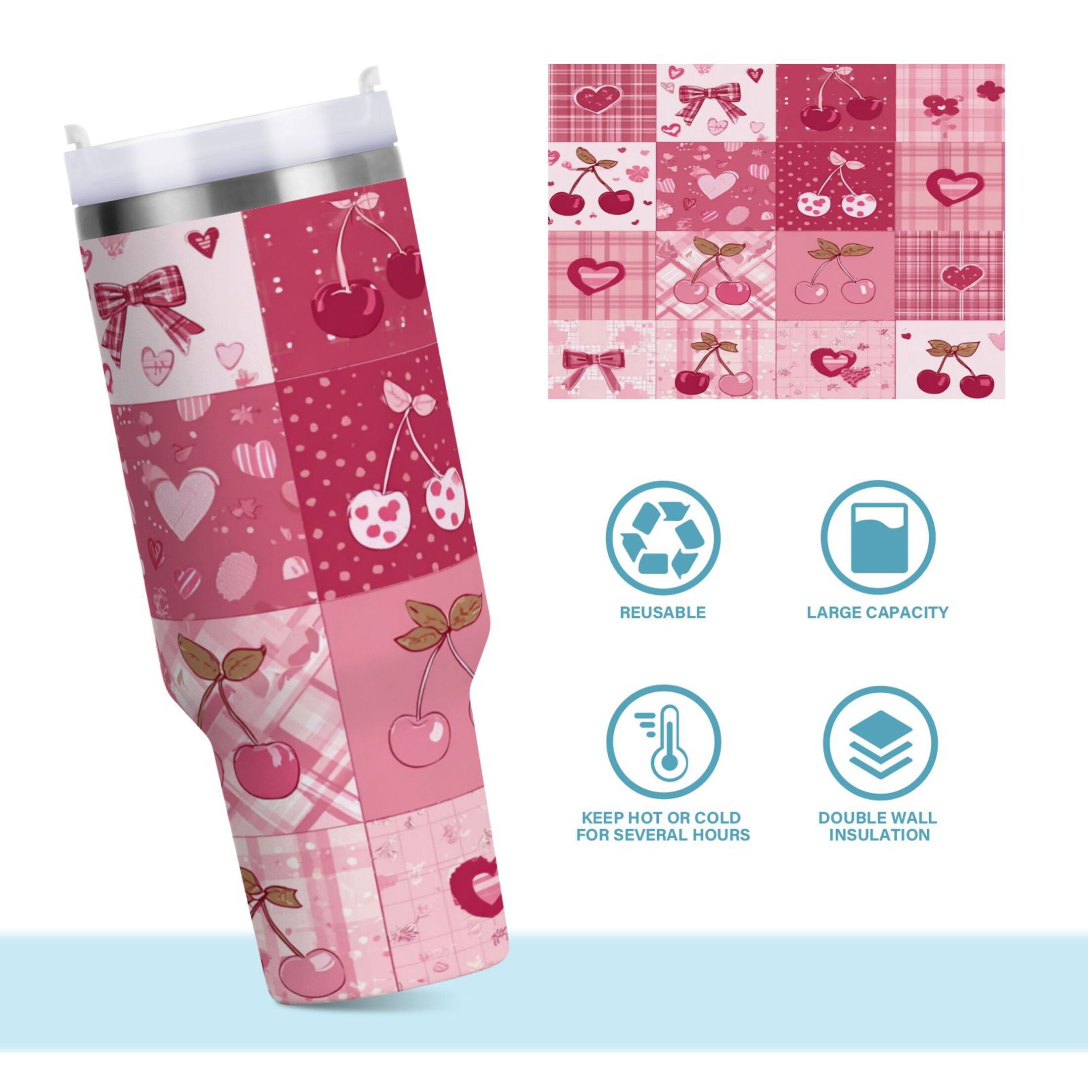 30 oz Insulated Stainless Steel Tumbler Double Wall Stainless Steel Tumbler with 2-Way Drinking Cherry Pattern with Bows
