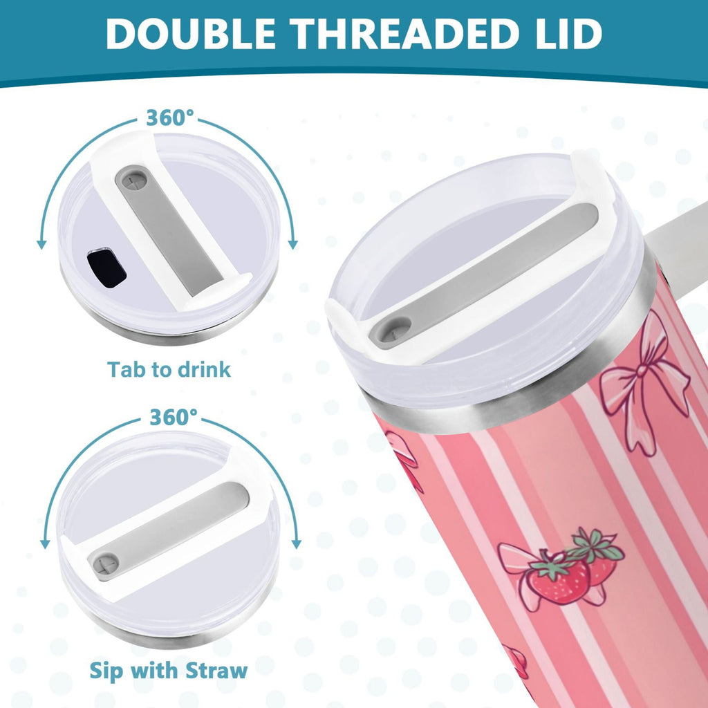 30 oz Insulated Stainless Steel Tumbler Double Wall Stainless Steel Tumbler with 2-Way Drinking Pink Bows and Strawberries