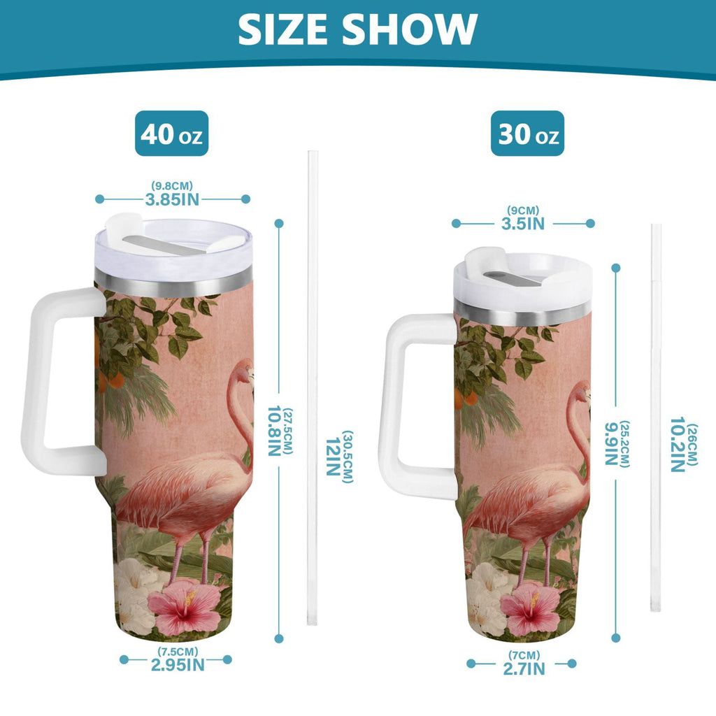 40 oz Insulated Stainless Steel Tumbler Double Wall Stainless Steel Tumbler with 2-Way Drinking Flamingos in Tropical Garden