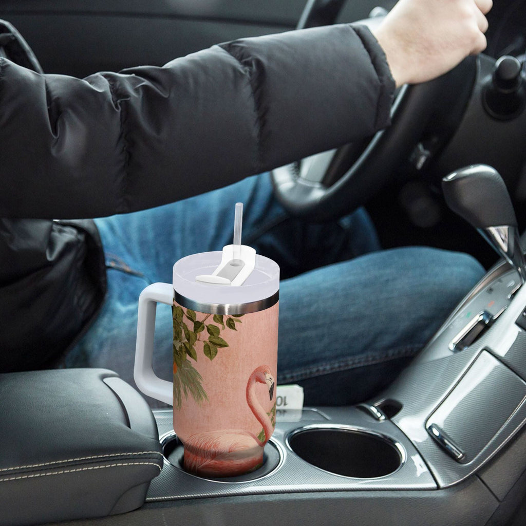 40 oz Insulated Stainless Steel Tumbler Double Wall Stainless Steel Tumbler with 2-Way Drinking Flamingos in Tropical Garden