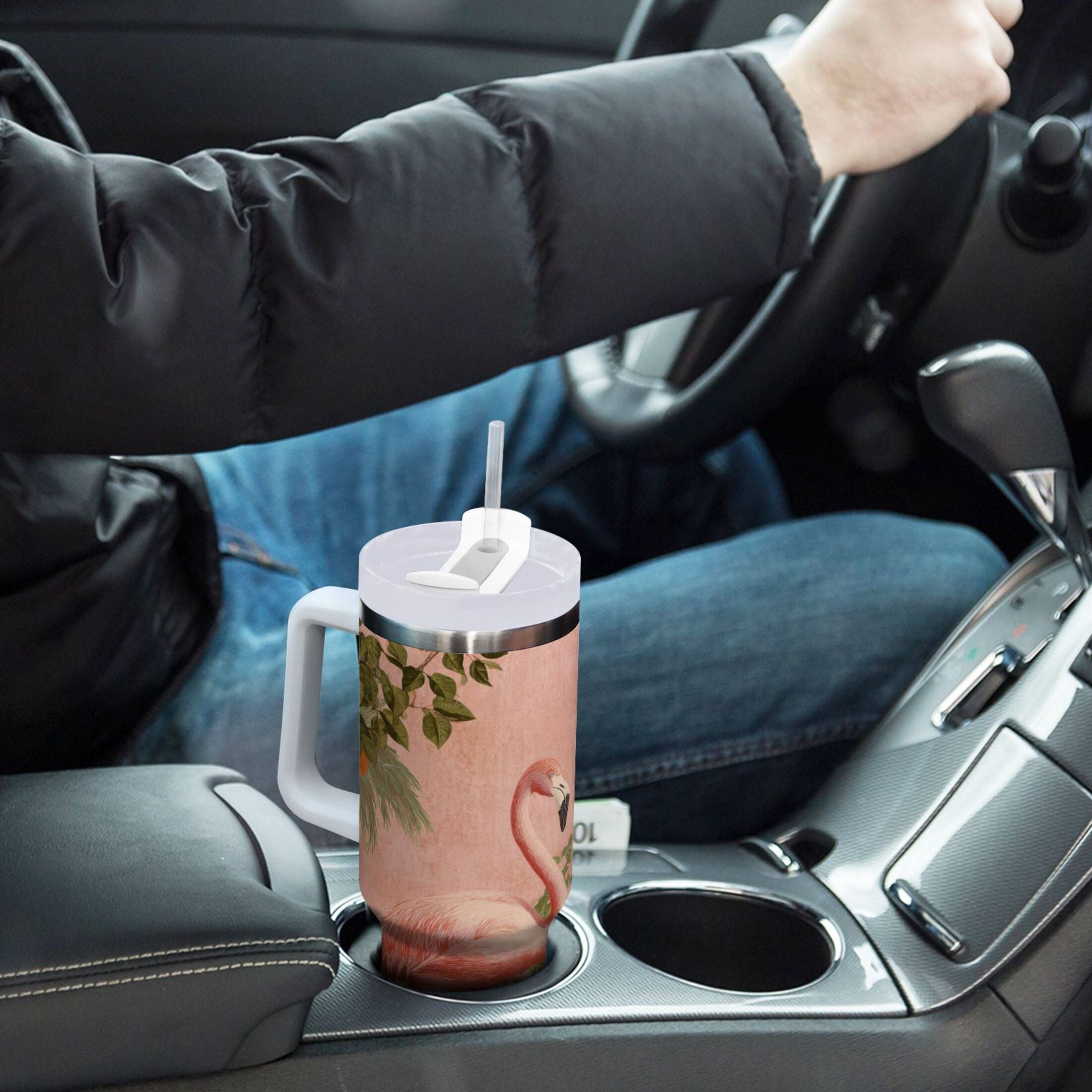 40 oz Insulated Stainless Steel Tumbler Double Wall Stainless Steel Tumbler with 2-Way Drinking Flamingos in Tropical Garden
