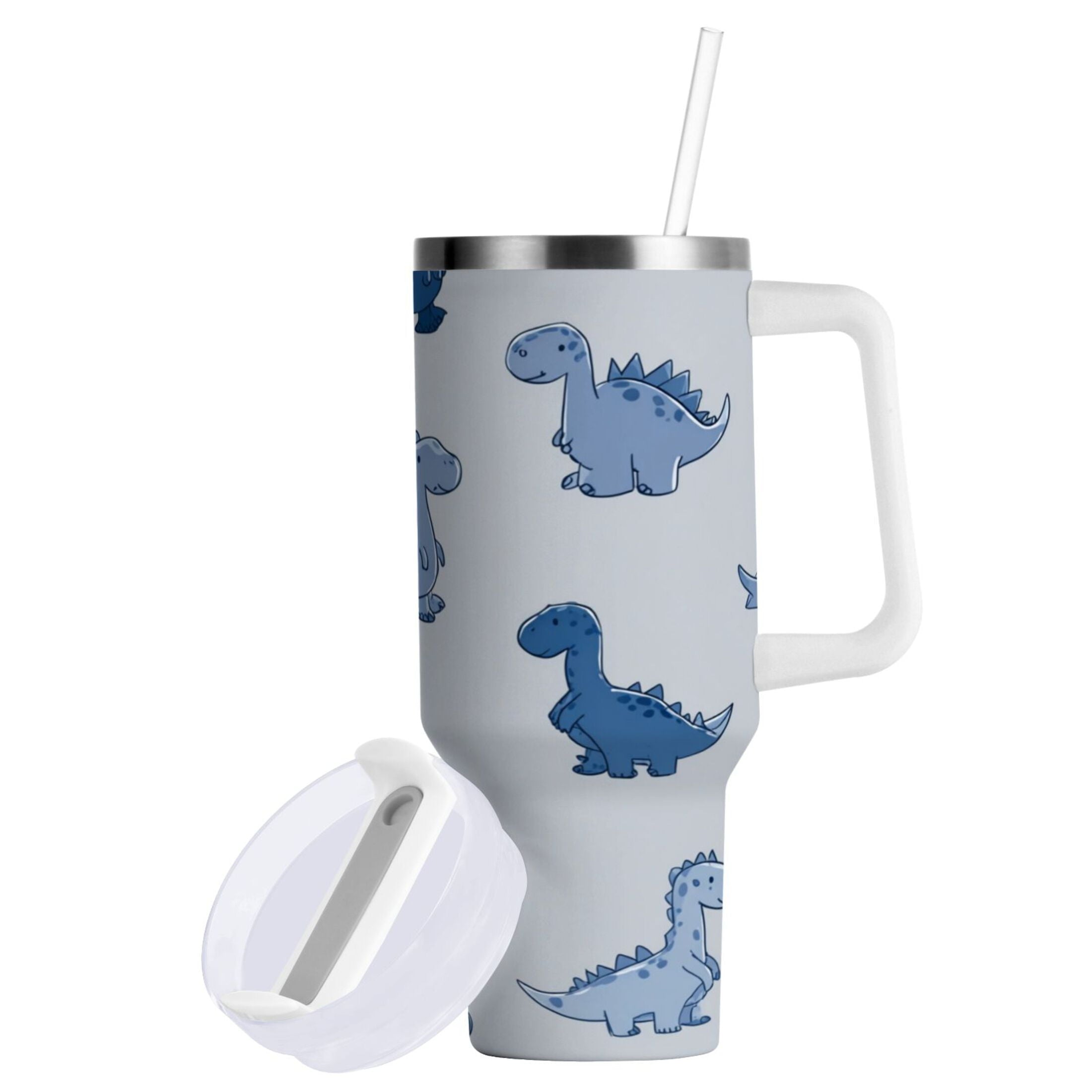 30 oz Insulated Stainless Steel Tumbler Double Wall Stainless Steel Tumbler with 2-Way Drinking Cute Blue Dinosaurs
