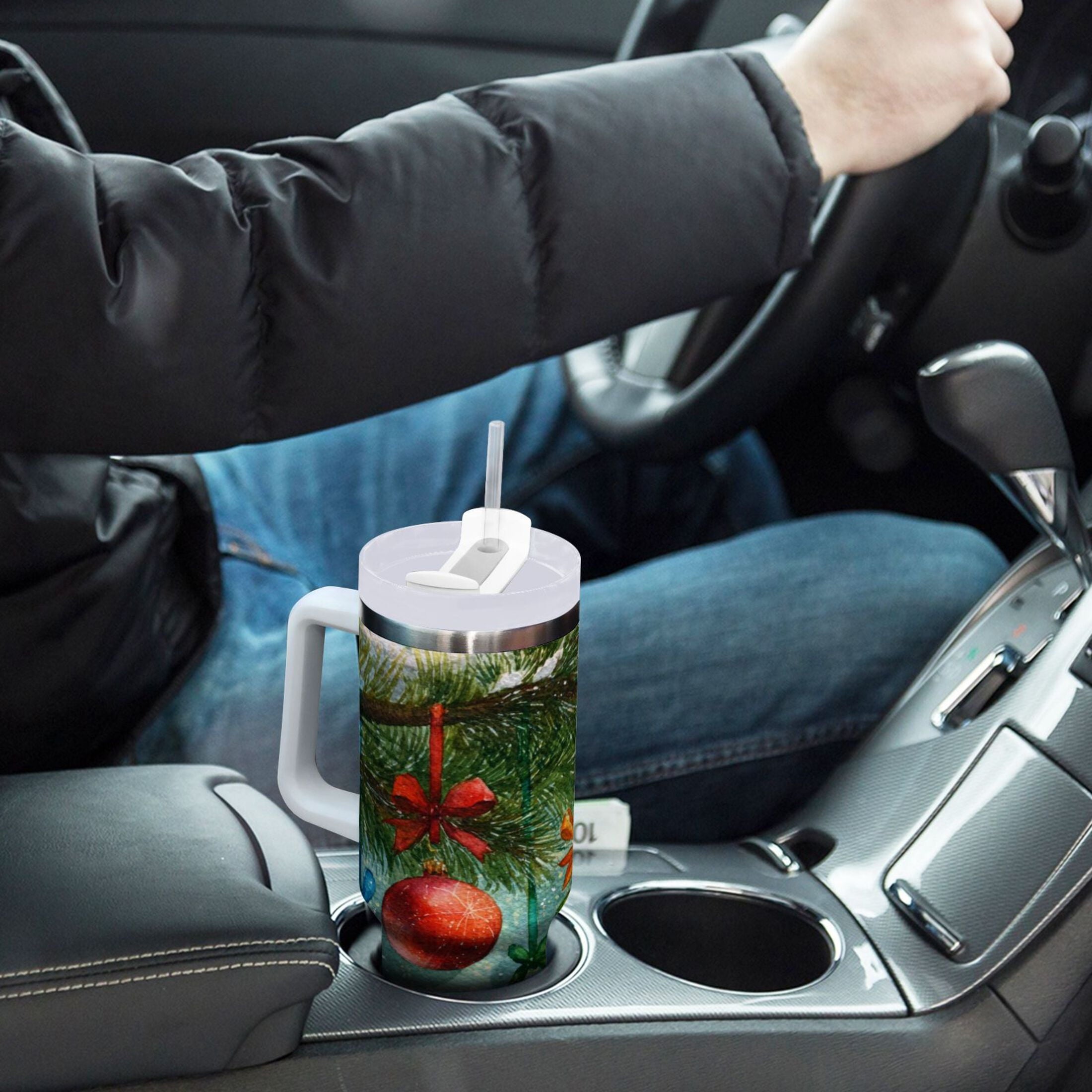 30 oz Insulated Stainless Steel Tumbler Double Wall Stainless Steel Tumbler with 2-Way Drinking Christmas Ornaments Watercolor Painting