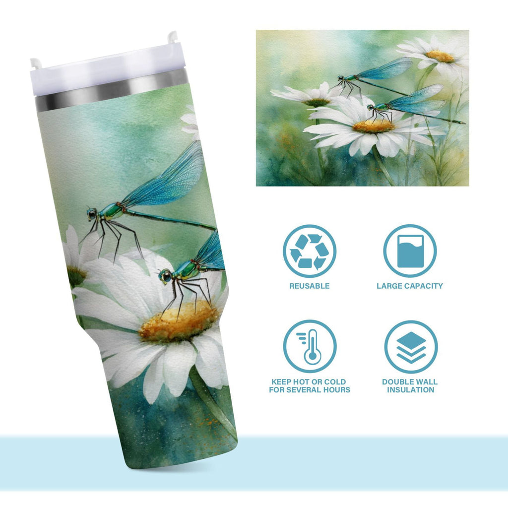 30 oz Insulated Stainless Steel Tumbler Double Wall Stainless Steel Tumbler with 2-Way Drinking Beautiful Dragonflies and Daisies