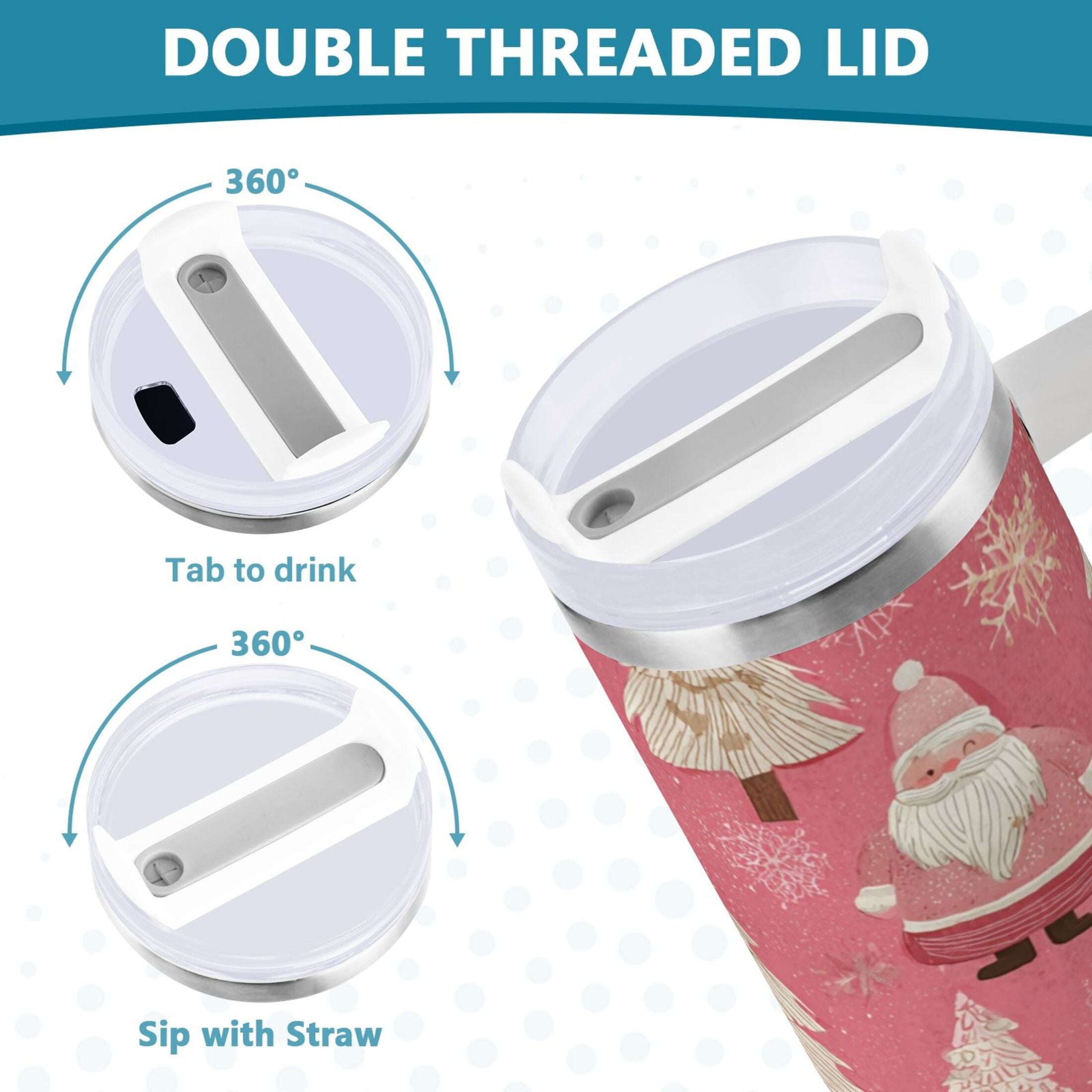 40 oz Insulated Stainless Steel Tumbler Double Wall Stainless Steel Tumbler with 2-Way Drinking Pink Santa Claus Pattern