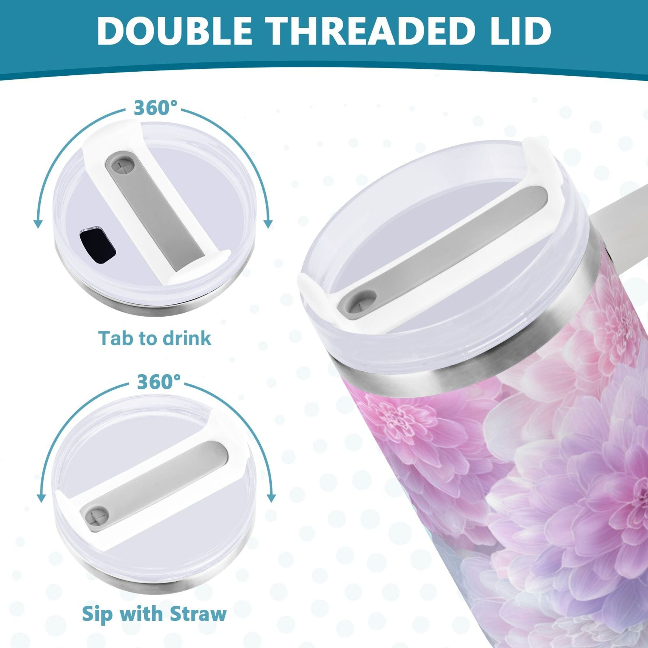 30 oz Insulated Stainless Steel Tumbler Double Wall Stainless Steel Tumbler with 2-Way Drinking Cute Pastel Watercolor Floral