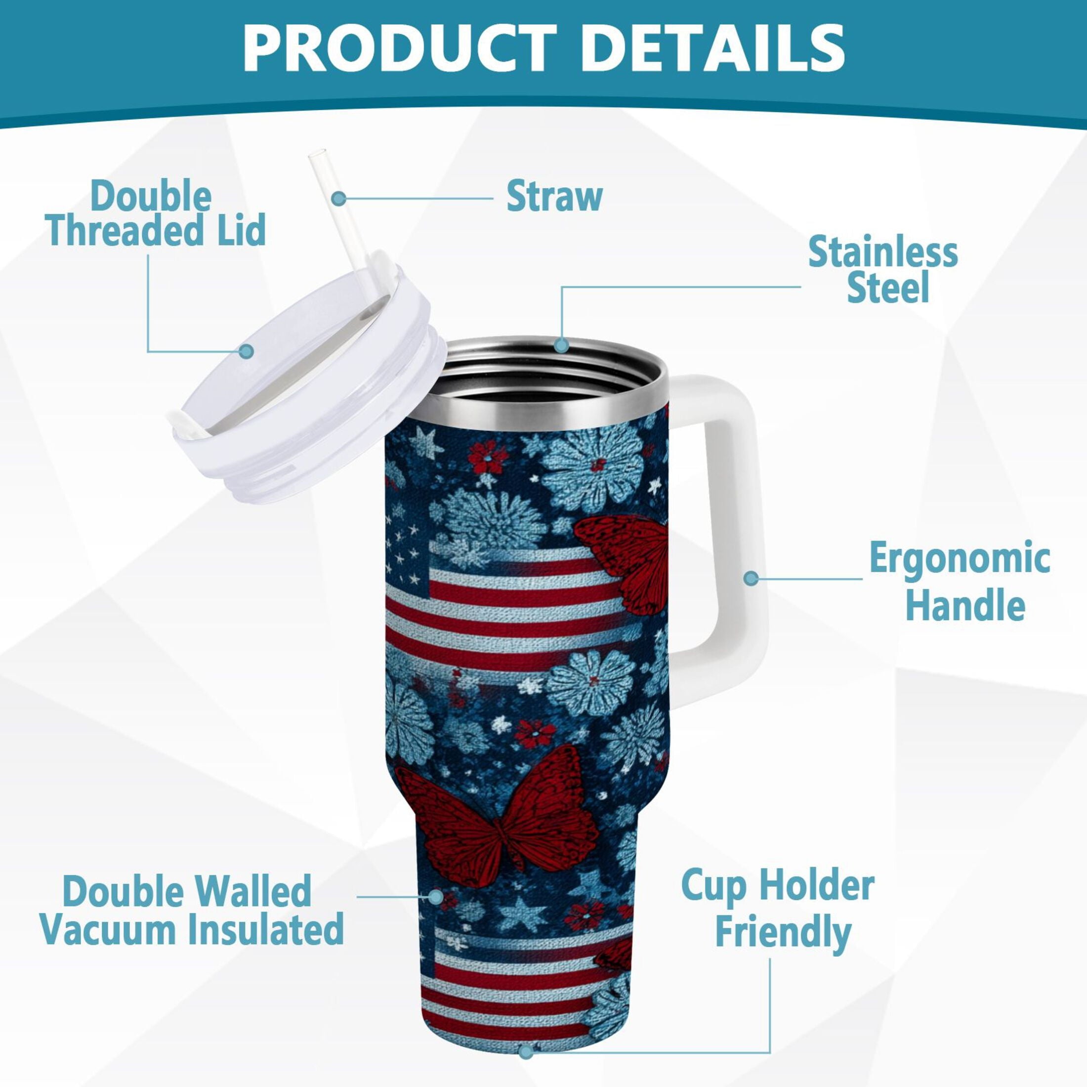 30 oz Insulated Stainless Steel Tumbler Double Wall Stainless Steel Tumbler with 2-Way Drinking Red Butterflies and Flags