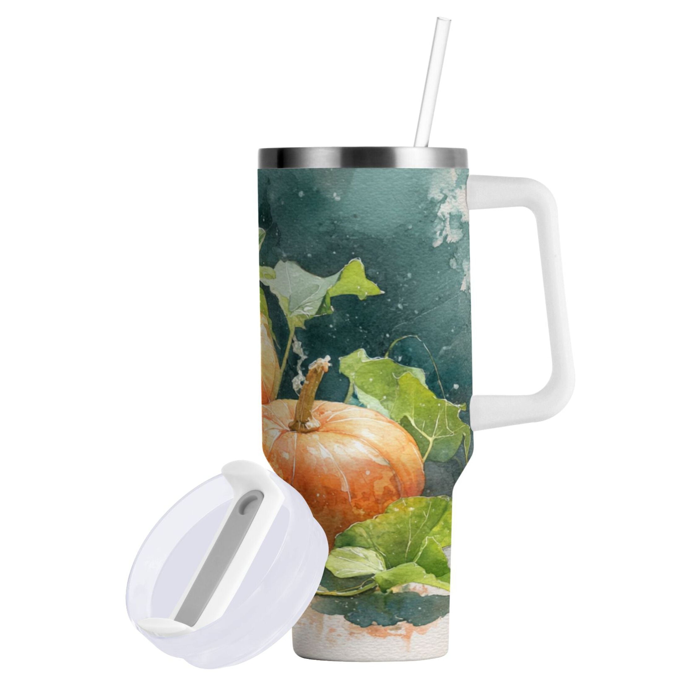 40 oz Insulated Stainless Steel Tumbler Double Wall Stainless Steel Tumbler with 2-Way Drinking Orange and White Pumpkins