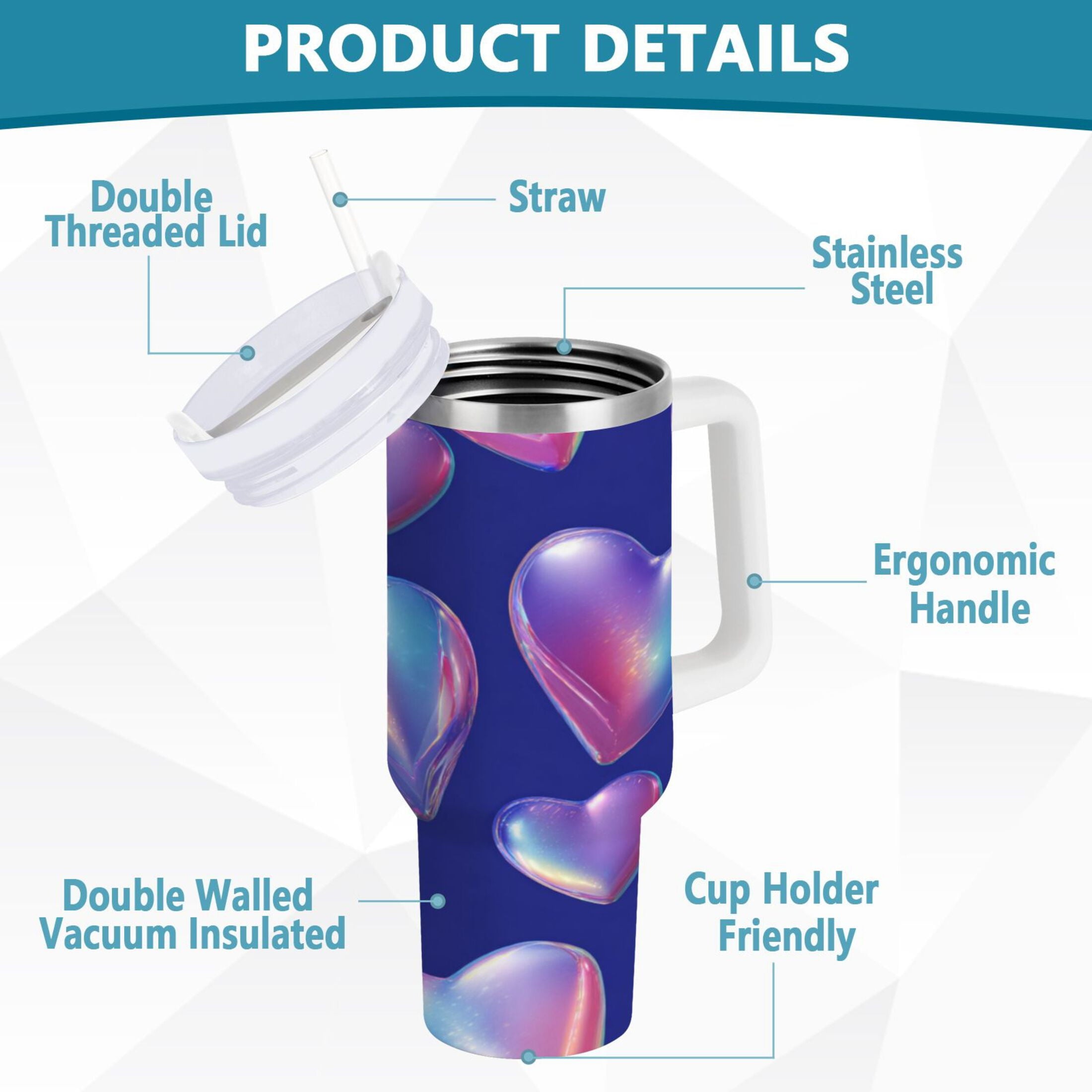 30 oz Insulated Stainless Steel Tumbler Double Wall Stainless Steel Tumbler with 2-Way Drinking Pink-purple Hearts