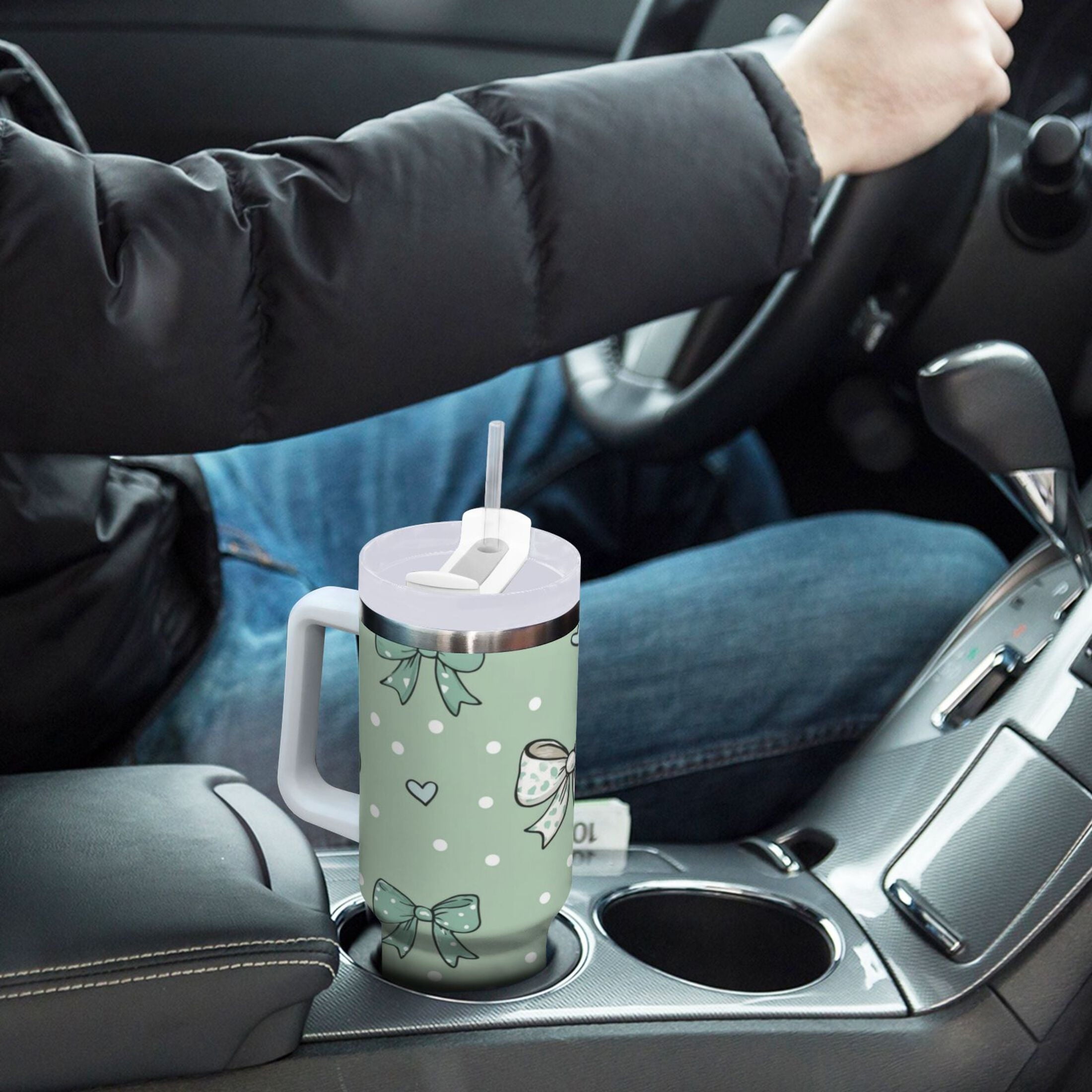 30 oz Insulated Stainless Steel Tumbler Double Wall Stainless Steel Tumbler with 2-Way Drinking Green and Mint Bows