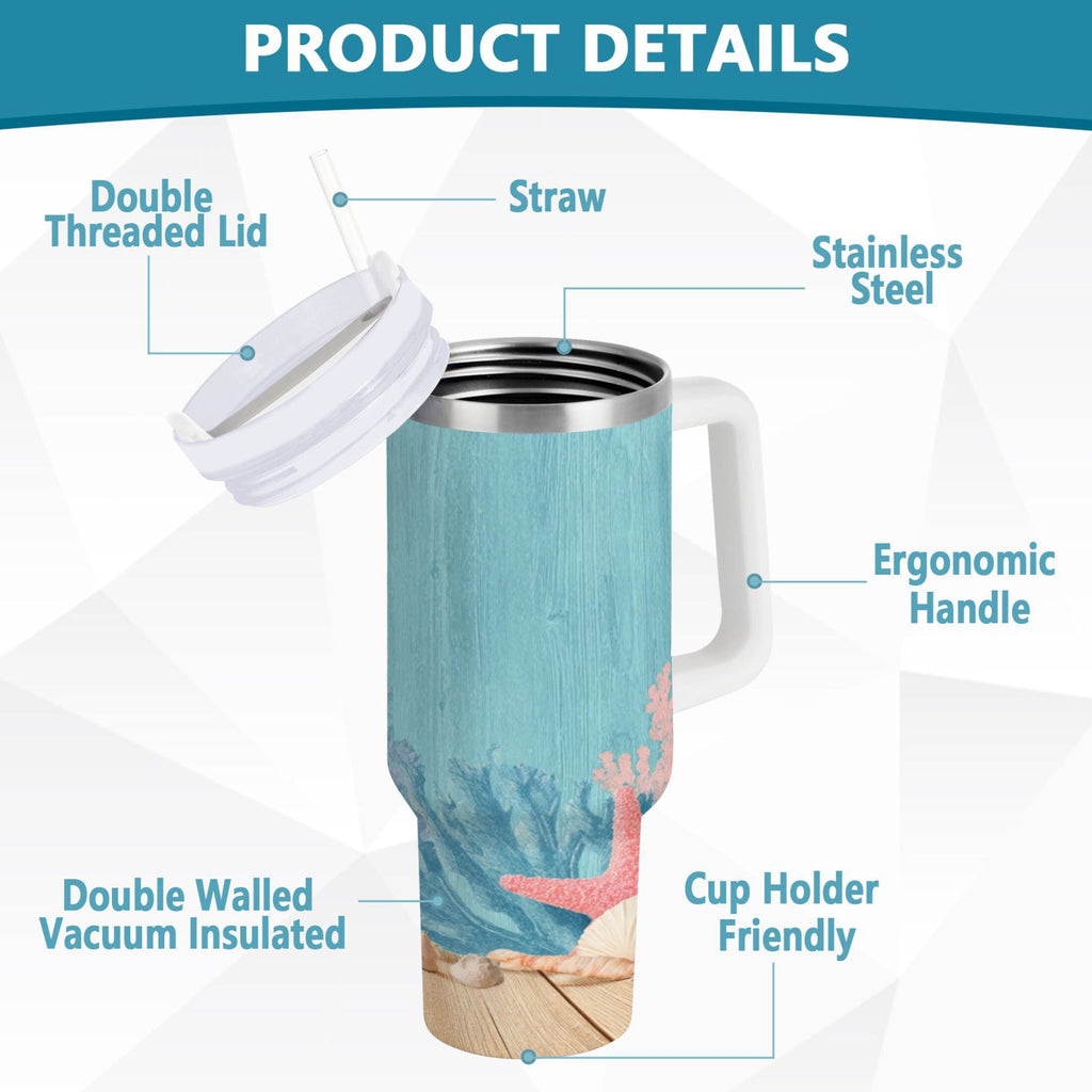 40 oz Insulated Stainless Steel Tumbler Double Wall Stainless Steel Tumbler with 2-Way Drinking Colorful Starfish and Seashells