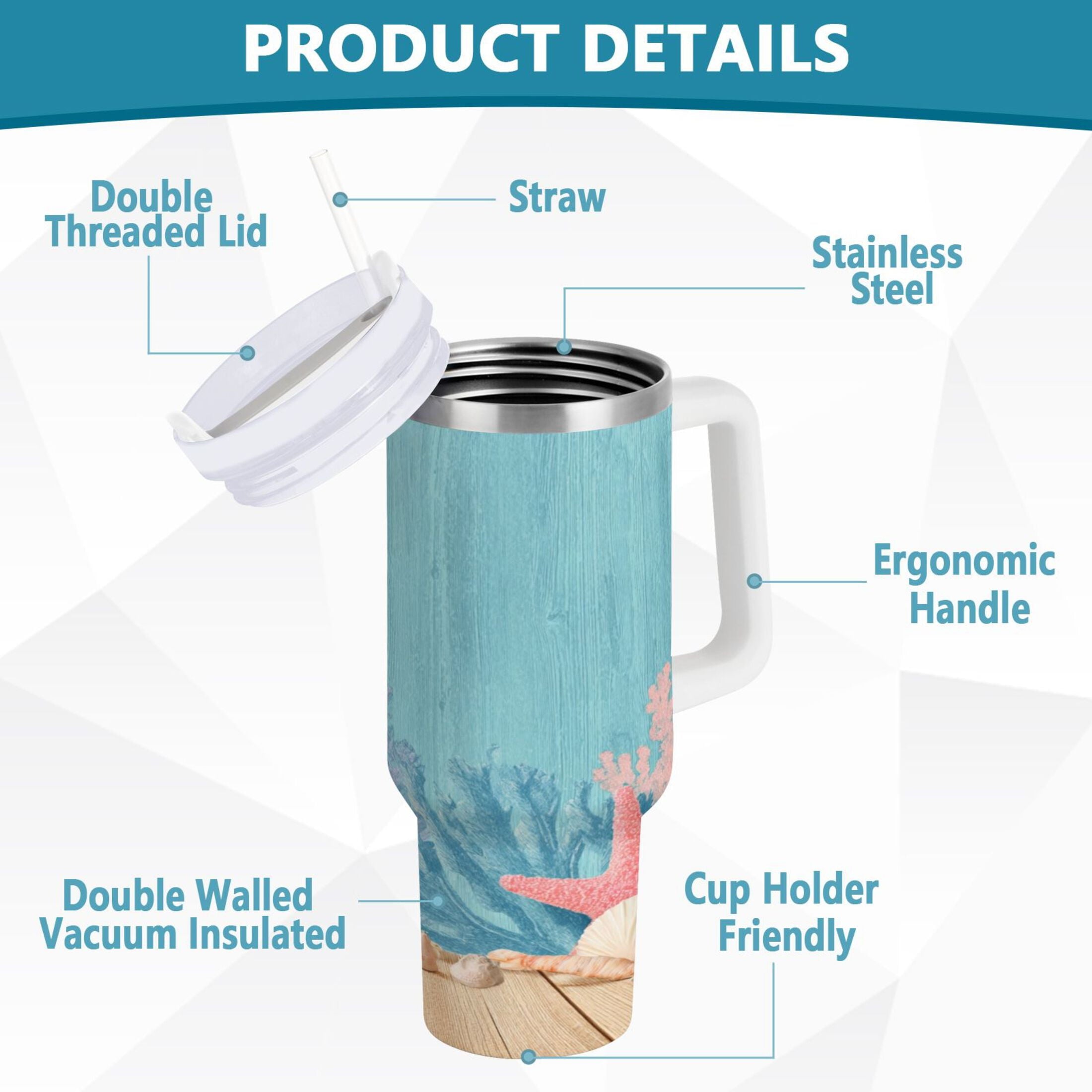 40 oz Insulated Stainless Steel Tumbler Double Wall Stainless Steel Tumbler with 2-Way Drinking Colorful Starfish and Seashells