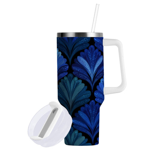30 oz Insulated Stainless Steel Tumbler Double Wall Stainless Steel Tumbler with 2-Way Drinking Blue Batik Leaves Pattern