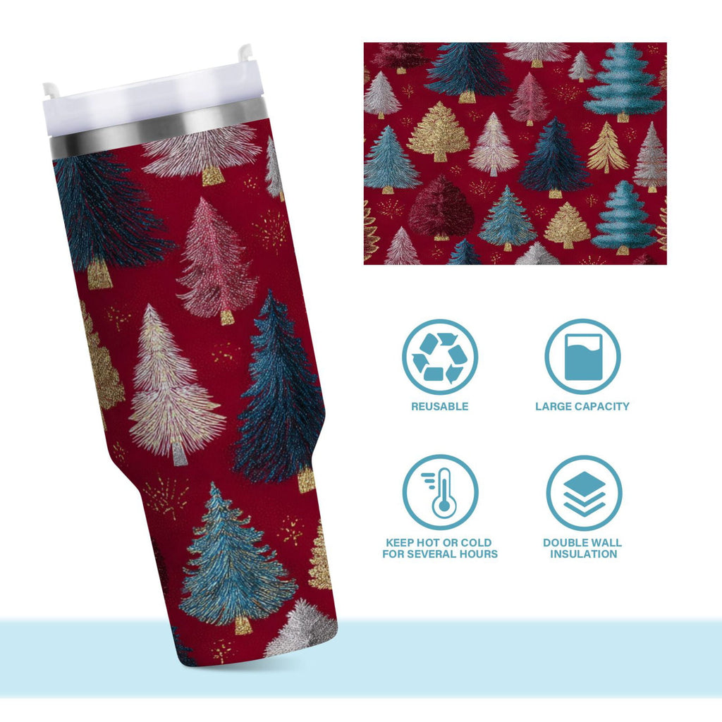 30 oz Insulated Stainless Steel Tumbler Double Wall Stainless Steel Tumbler with 2-Way Drinking Stylized Christmas Trees