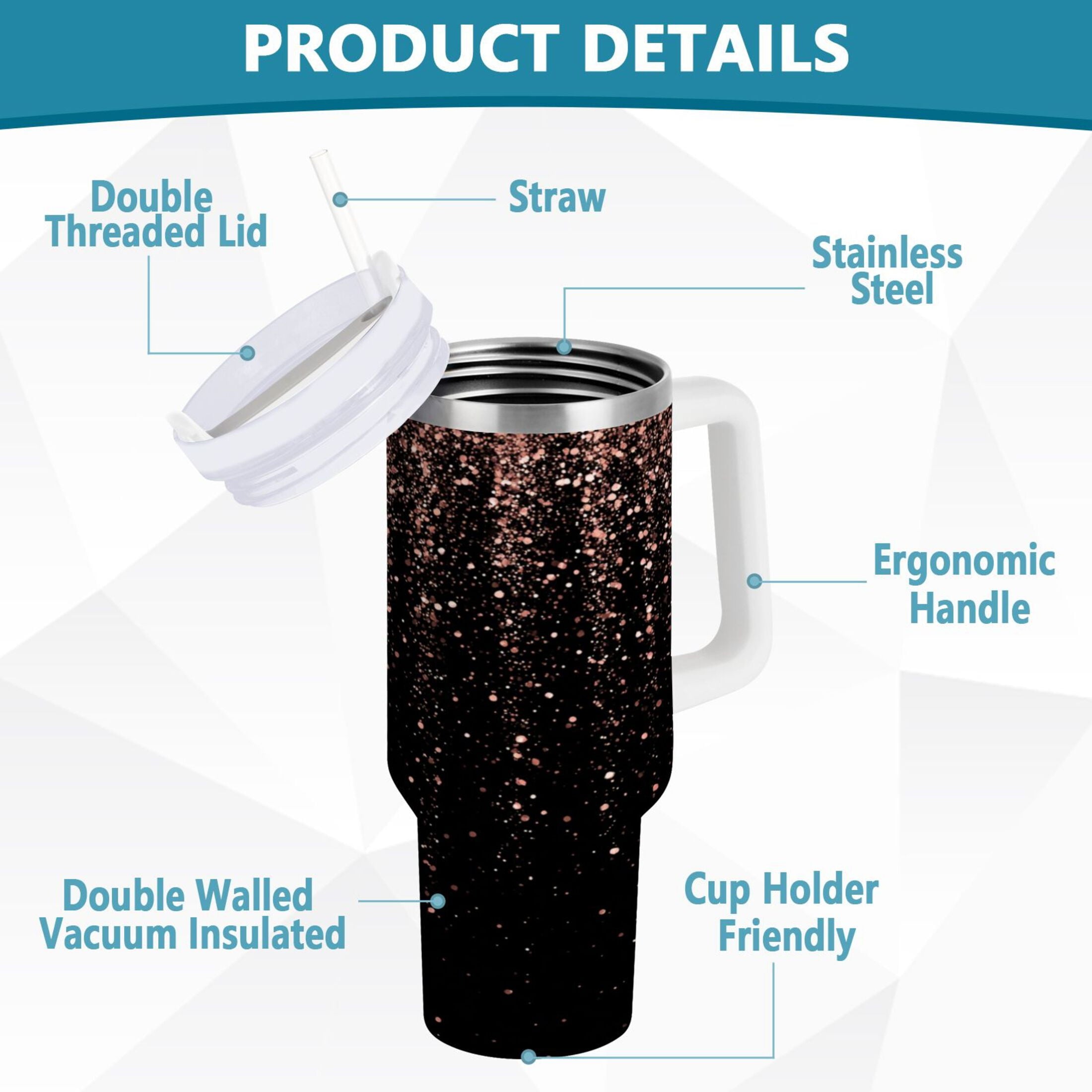 40 oz Insulated Stainless Steel Tumbler Double Wall Stainless Steel Tumbler with 2-Way Drinking Rose Gold Glitter