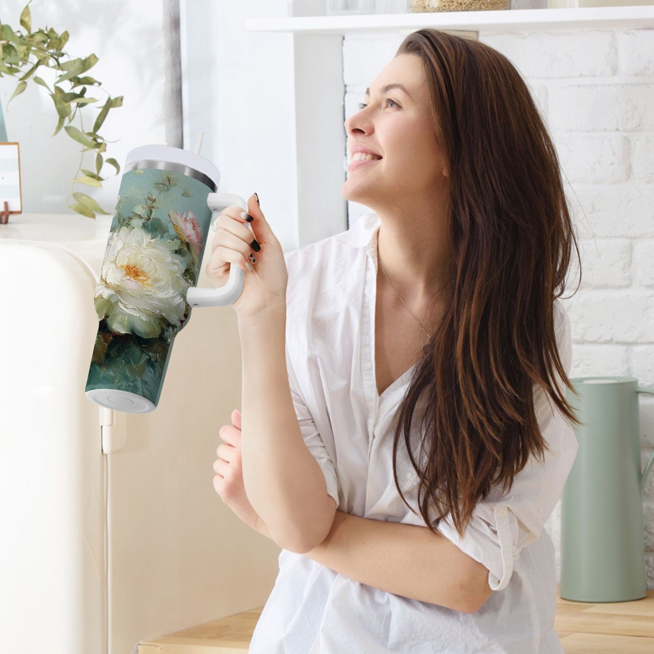 40 oz Insulated Stainless Steel Tumbler Double Wall Stainless Steel Tumbler with 2-Way Drinking Vintage Peonies and Daisies