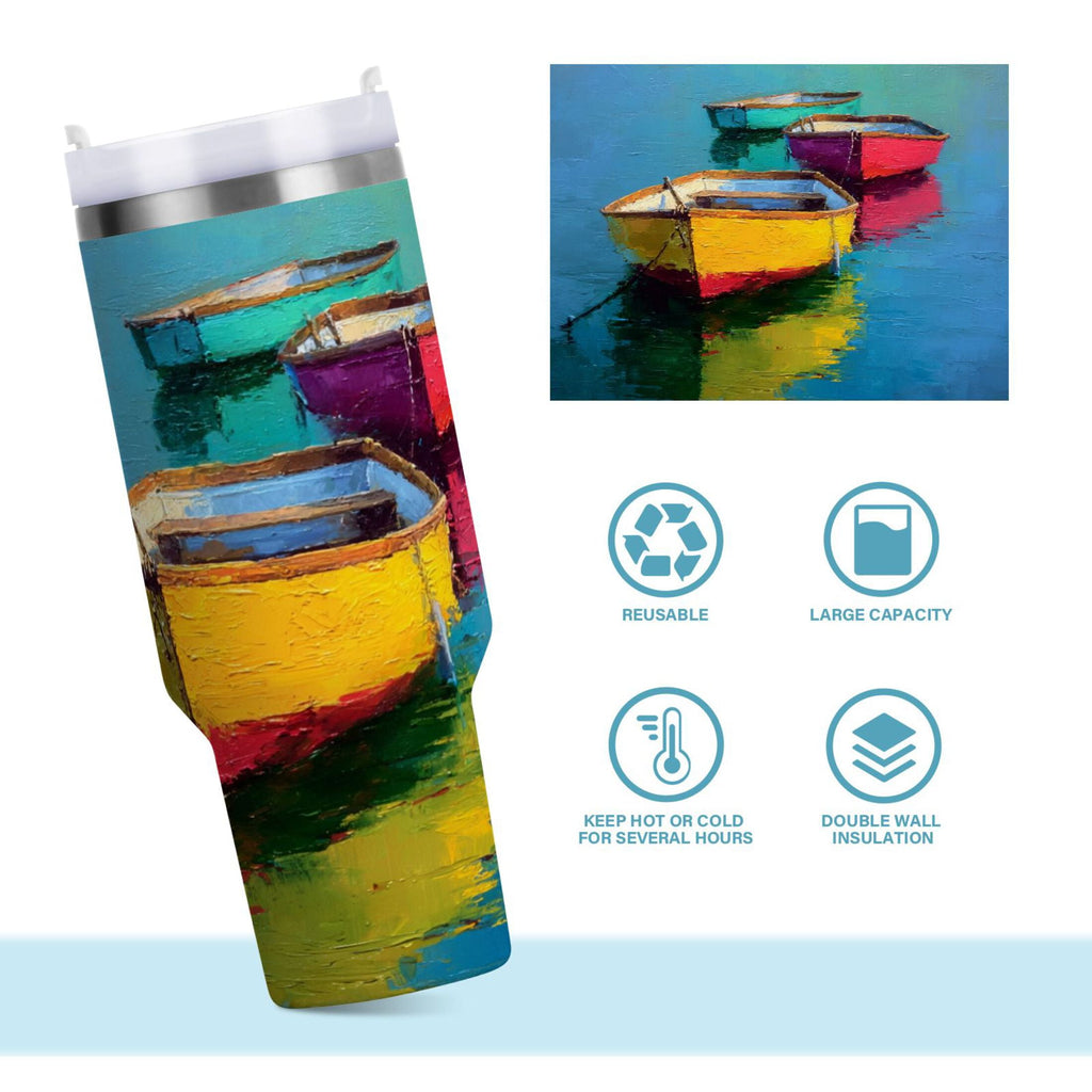 30 oz Insulated Stainless Steel Tumbler Double Wall Stainless Steel Tumbler with 2-Way Drinking Colorful Row Boats