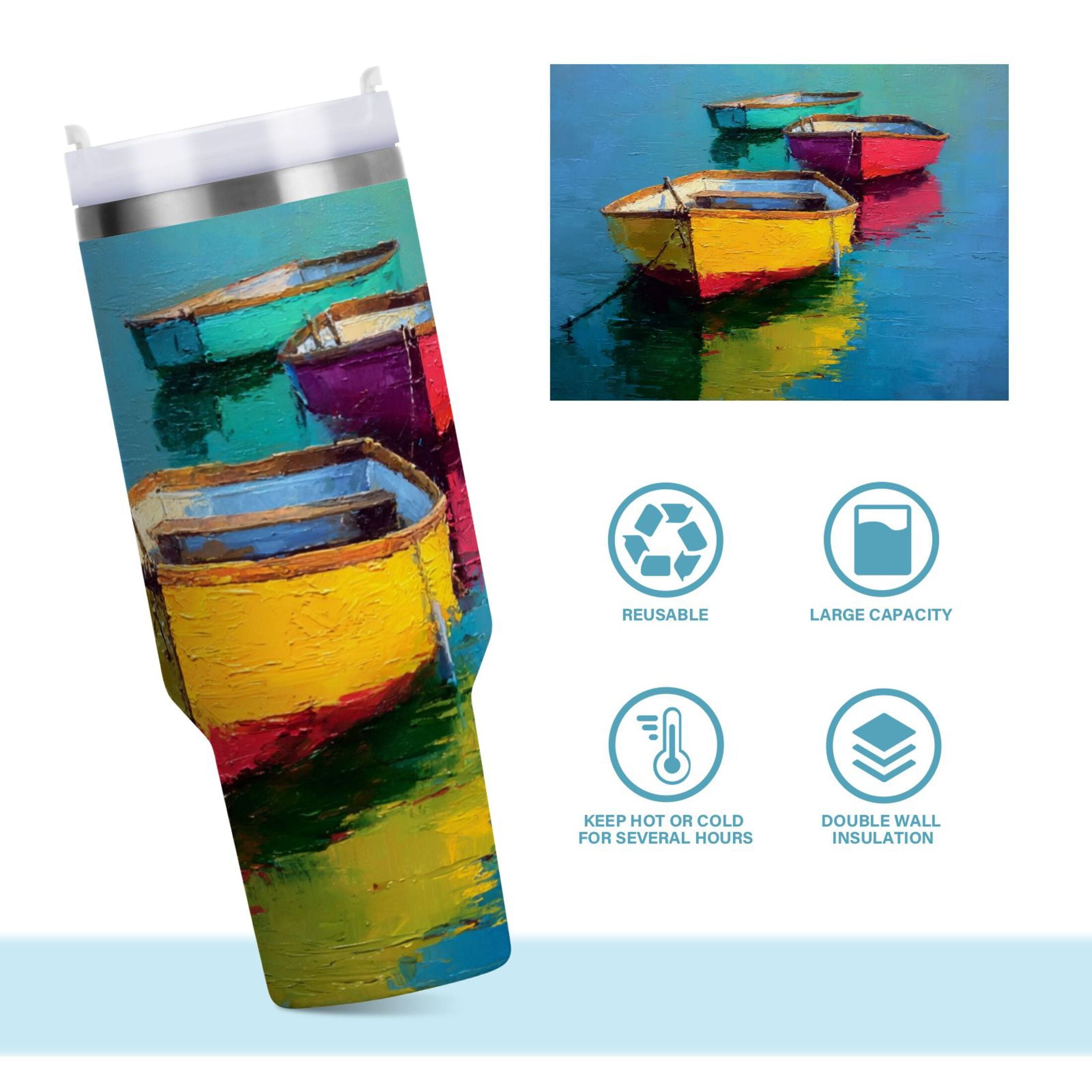 30 oz Insulated Stainless Steel Tumbler Double Wall Stainless Steel Tumbler with 2-Way Drinking Colorful Row Boats