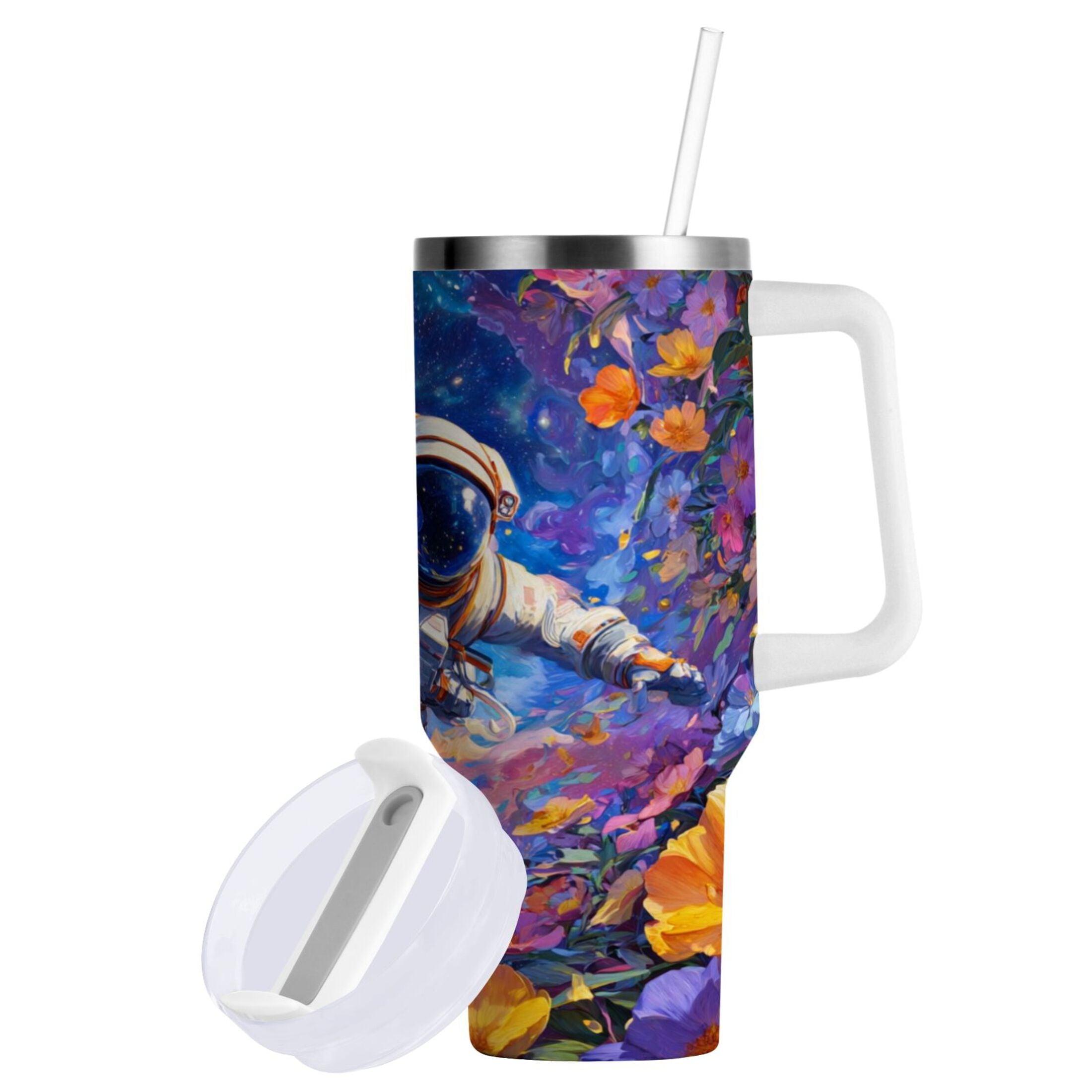 40 oz Insulated Stainless Steel Tumbler Double Wall Stainless Steel Tumbler with 2-Way Drinking Astronaut and Colorful Flowers
