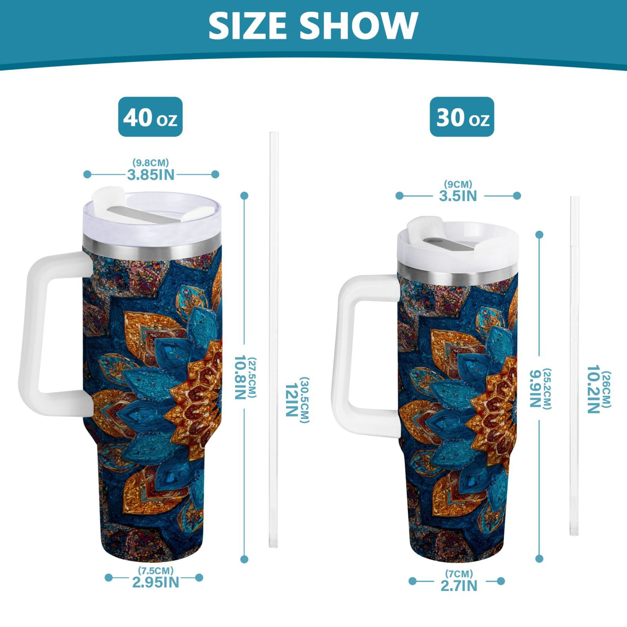 40 oz Insulated Stainless Steel Tumbler Double Wall Stainless Steel Tumbler with 2-Way Drinking Intricate Geometric Shapes