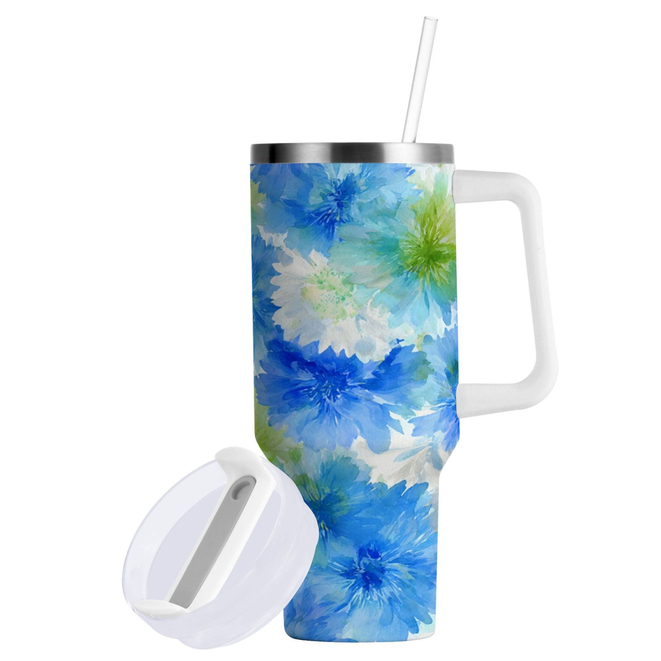 40 oz Insulated Stainless Steel Tumbler Double Wall Stainless Steel Tumbler with 2-Way Drinking Watercolor Blue Cornflowers