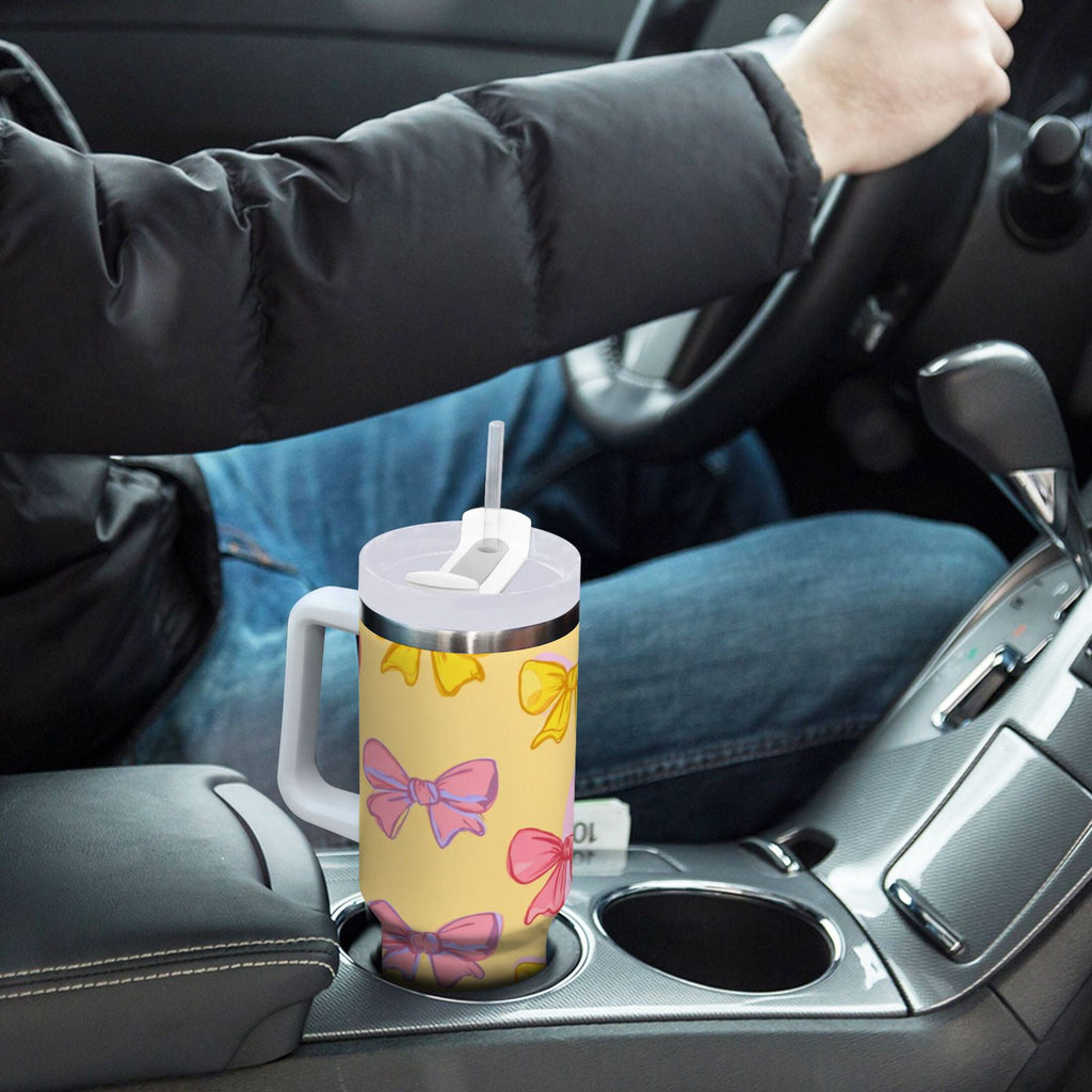 30 oz Insulated Stainless Steel Tumbler Double Wall Stainless Steel Tumbler with 2-Way Drinking Yellow and Pink Bows