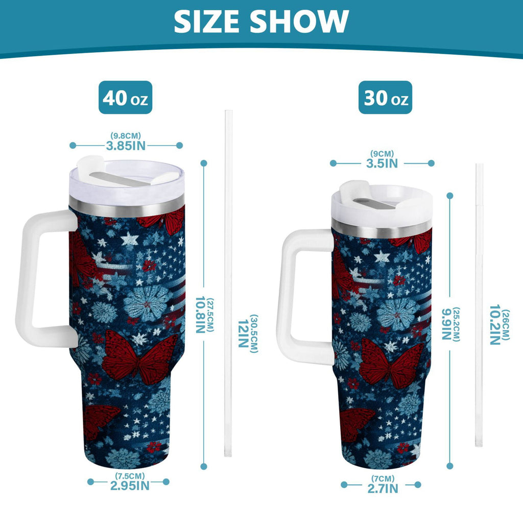 30 oz Insulated Stainless Steel Tumbler Double Wall Stainless Steel Tumbler with 2-Way Drinking Red Butterflies and Flags