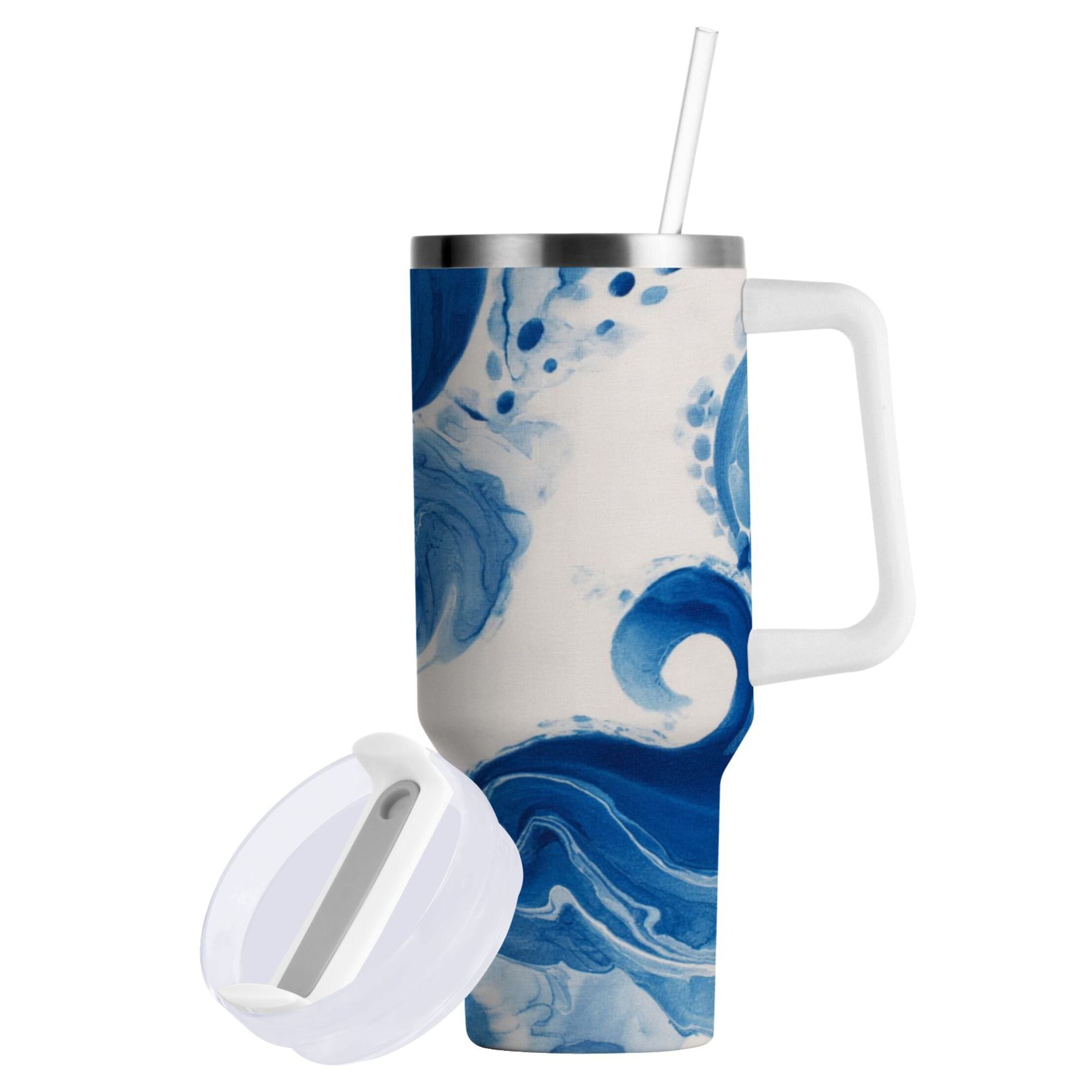 40 oz Insulated Stainless Steel Tumbler Double Wall Stainless Steel Tumbler with 2-Way Drinking Indigo Blue Tie-dye Pattern