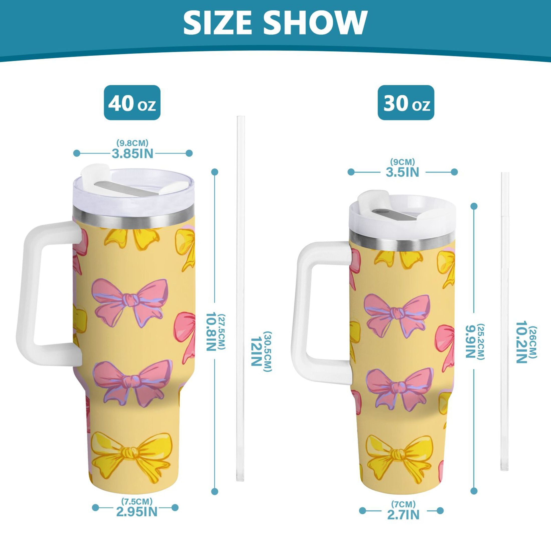 30 oz Insulated Stainless Steel Tumbler Double Wall Stainless Steel Tumbler with 2-Way Drinking Yellow and Pink Bows
